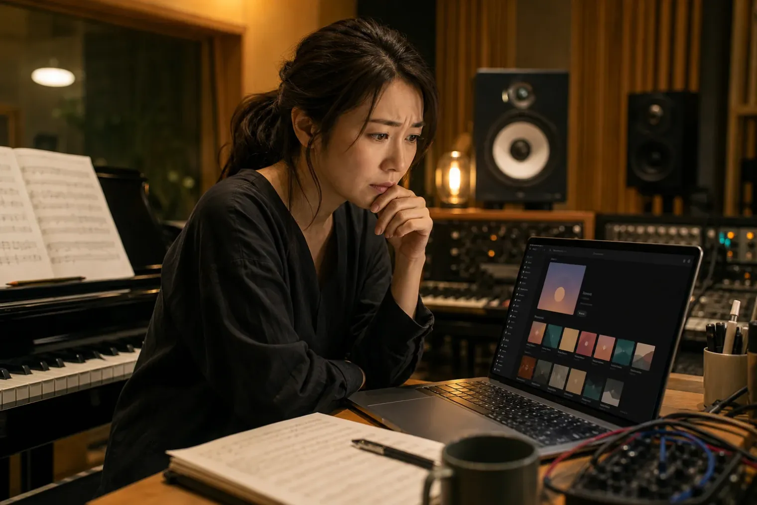 A music composer reviewing an unfamiliar digital album release on a laptop in a recording studio.