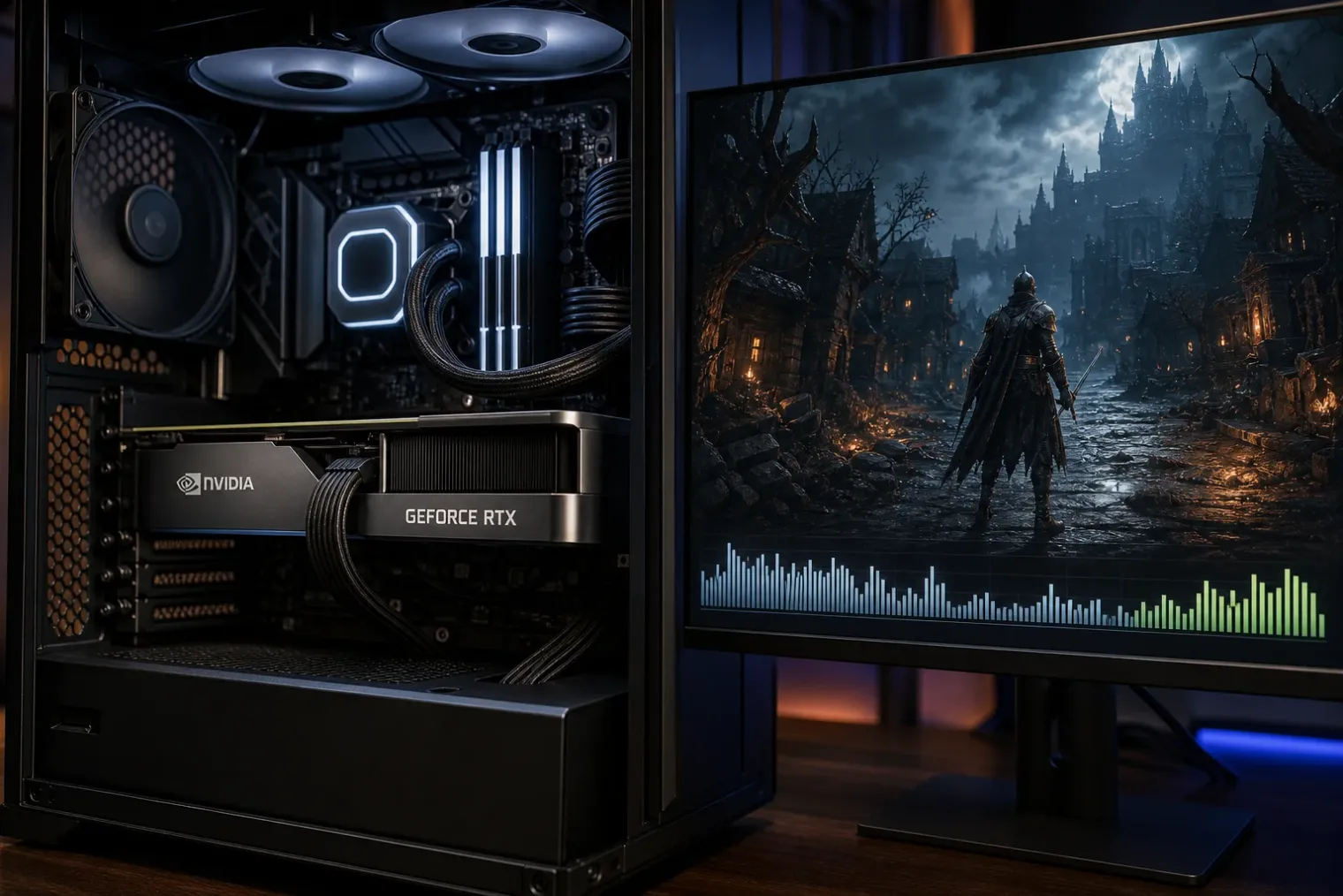 An NVIDIA GeForce RTX 30-series graphics card in a desktop PC beside a monitor displaying a demanding 3D game scene.