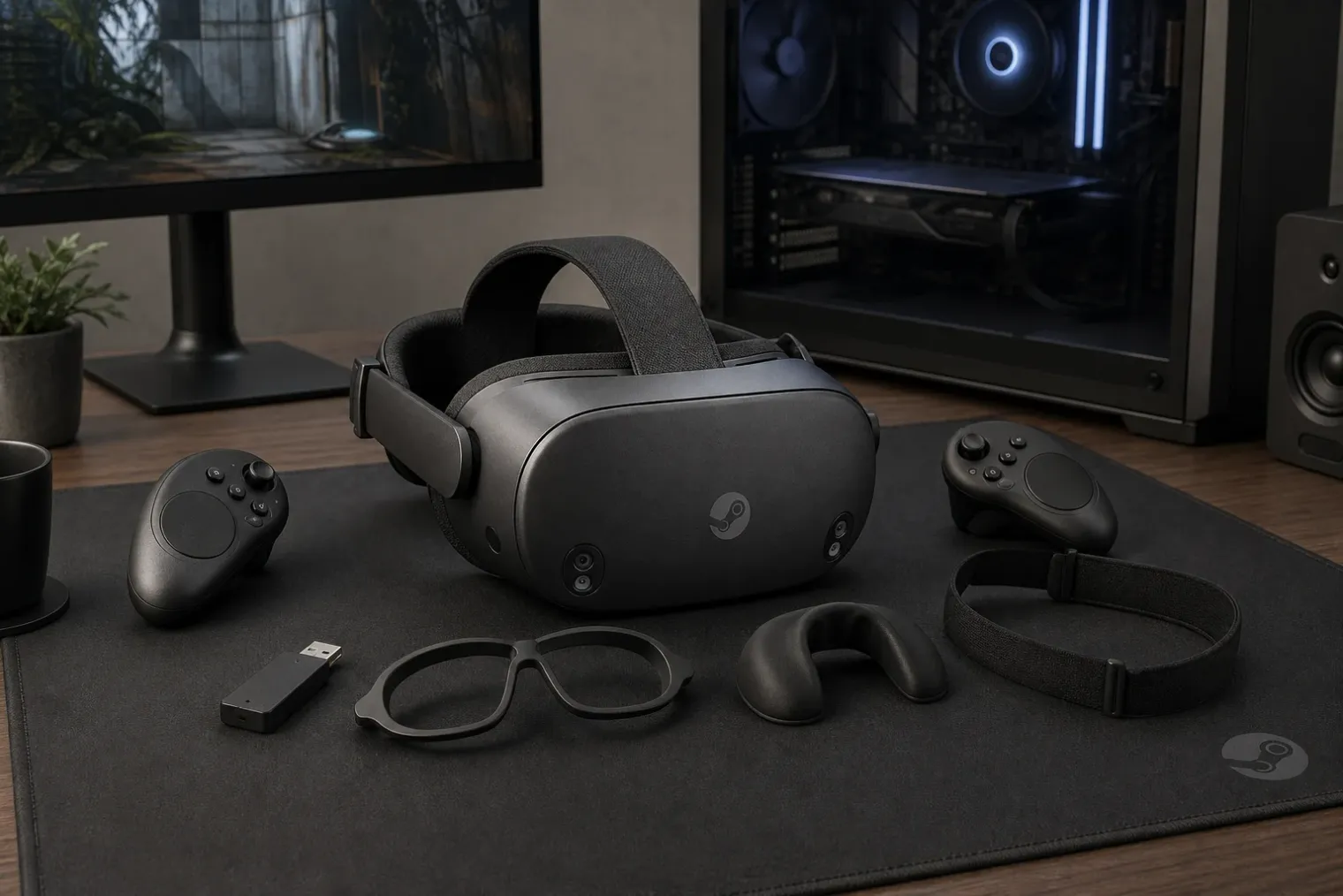 A Valve Steam Frame virtual reality headset, wireless adapter, controllers and fitting accessories arranged on a clean desk beside a gaming PC.