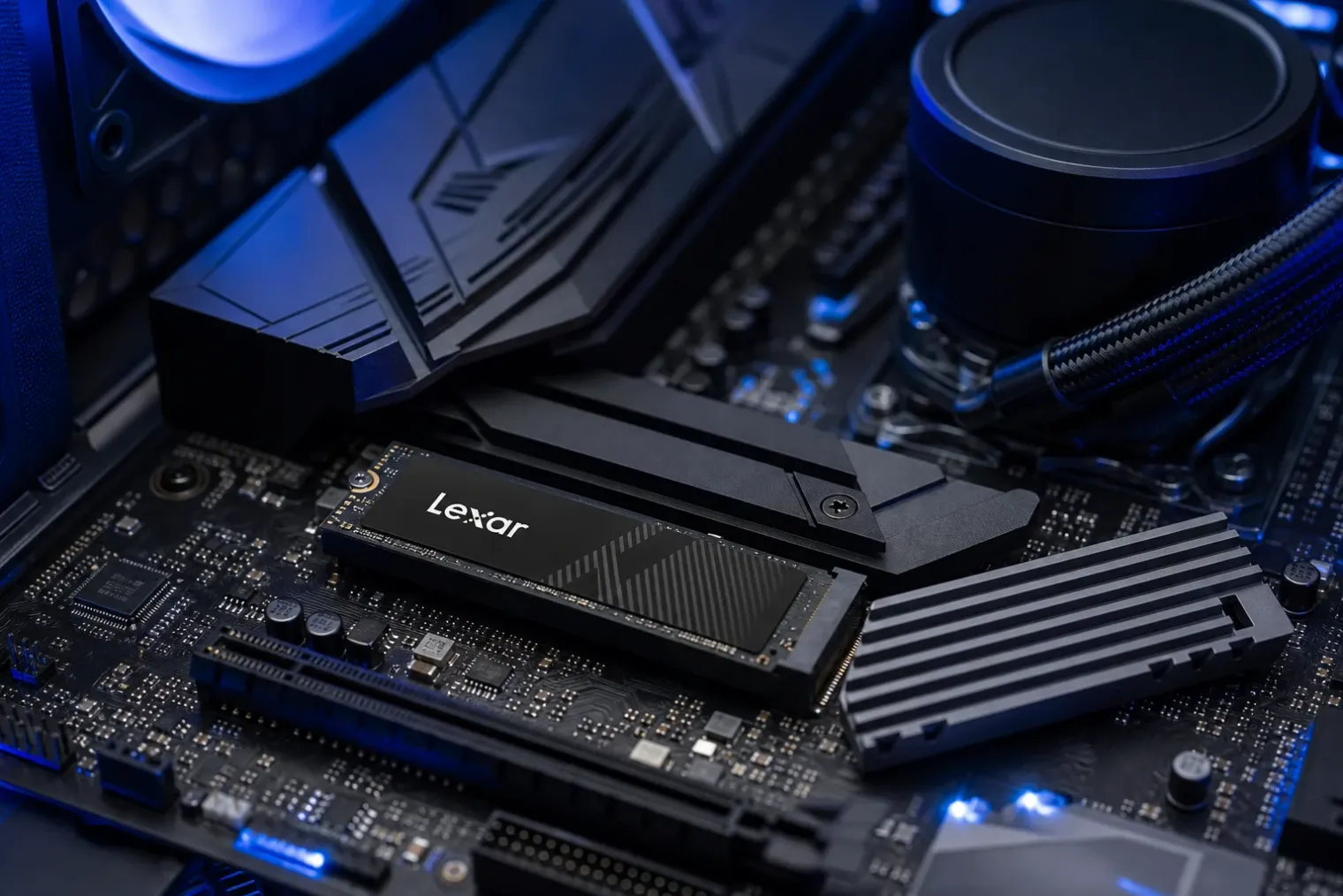 A Lexar-branded PCIe 5.0 M.2 NVMe SSD mounted on a desktop motherboard with an M.2 heatsink and cooling fans.
