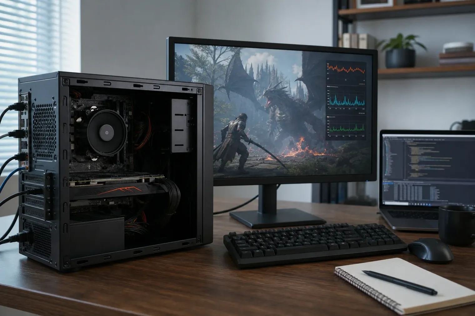 An older compact desktop PC running a Linux game on a monitor beside a CPU performance graph, with a small form factor computer and cooling fan visible.