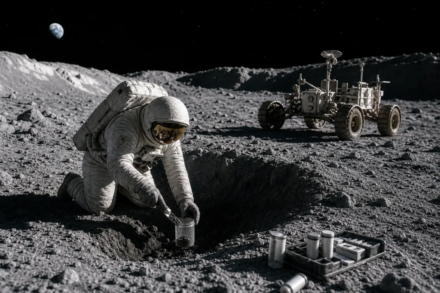 An astronaut collecting a lunar regolith sample near a shadowed south-polar crater on the Moon.