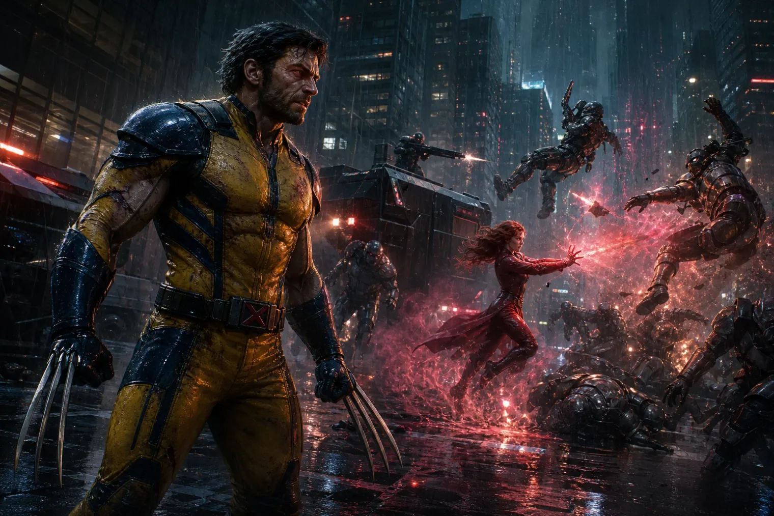 Wolverine stands on a rain-soaked Tokyo street with claws extended as Jean Grey uses telekinetic energy against armed attackers in the distance.