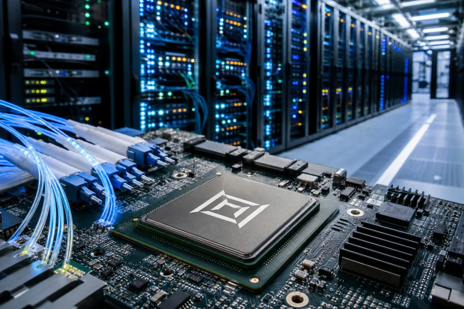 A Marvell-branded semiconductor chip on a circuit board inside a modern AI data centre.