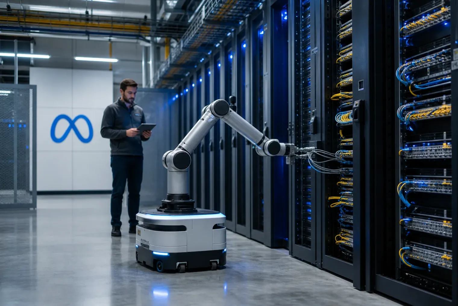 A robotic arm on a mobile platform working beside server racks in a modern data centre, with the Meta logo visible on a wall panel.