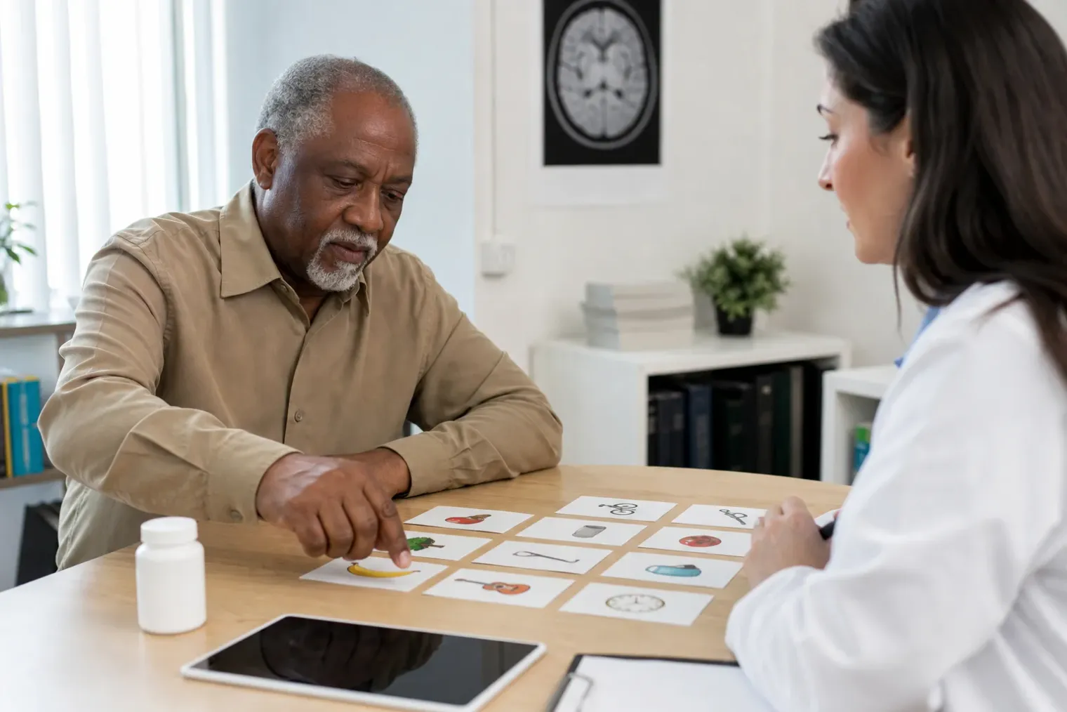 An older adult completes a memory assessment with a clinician while a metformin tablet bottle and cognitive test materials sit on a desk.