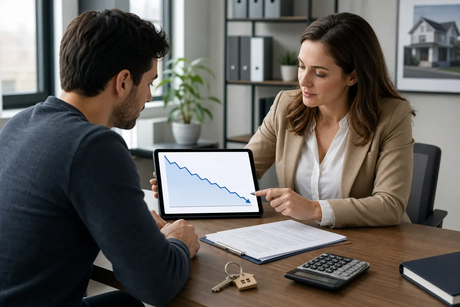 A prospective homebuyer and mortgage adviser review loan documents and a tablet showing interest-rate charts at a desk.