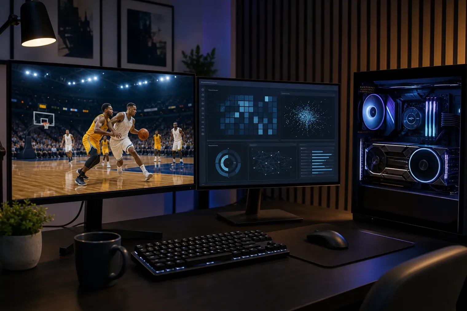 A high-end gaming PC renders a realistic basketball court scene on a monitor while a graphics card and diagnostic file window sit nearby.