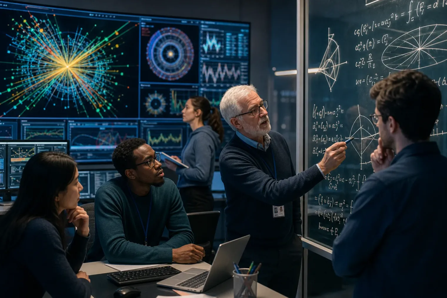 Researchers examining a particle-collision event display beside a whiteboard filled with abstract field-theory equations.