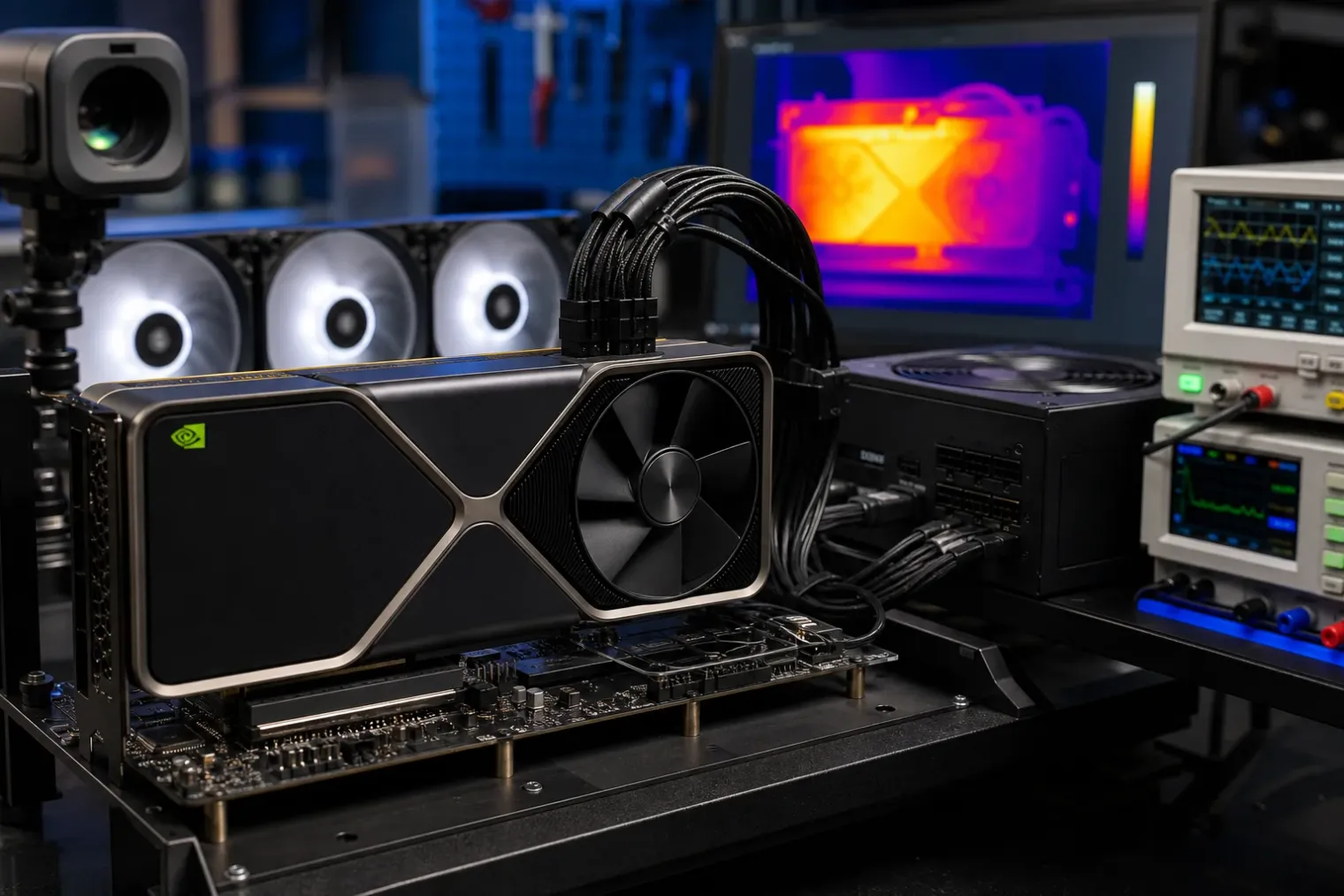 A high-end NVIDIA GeForce graphics card installed in a desktop test bench beside power-monitoring equipment.