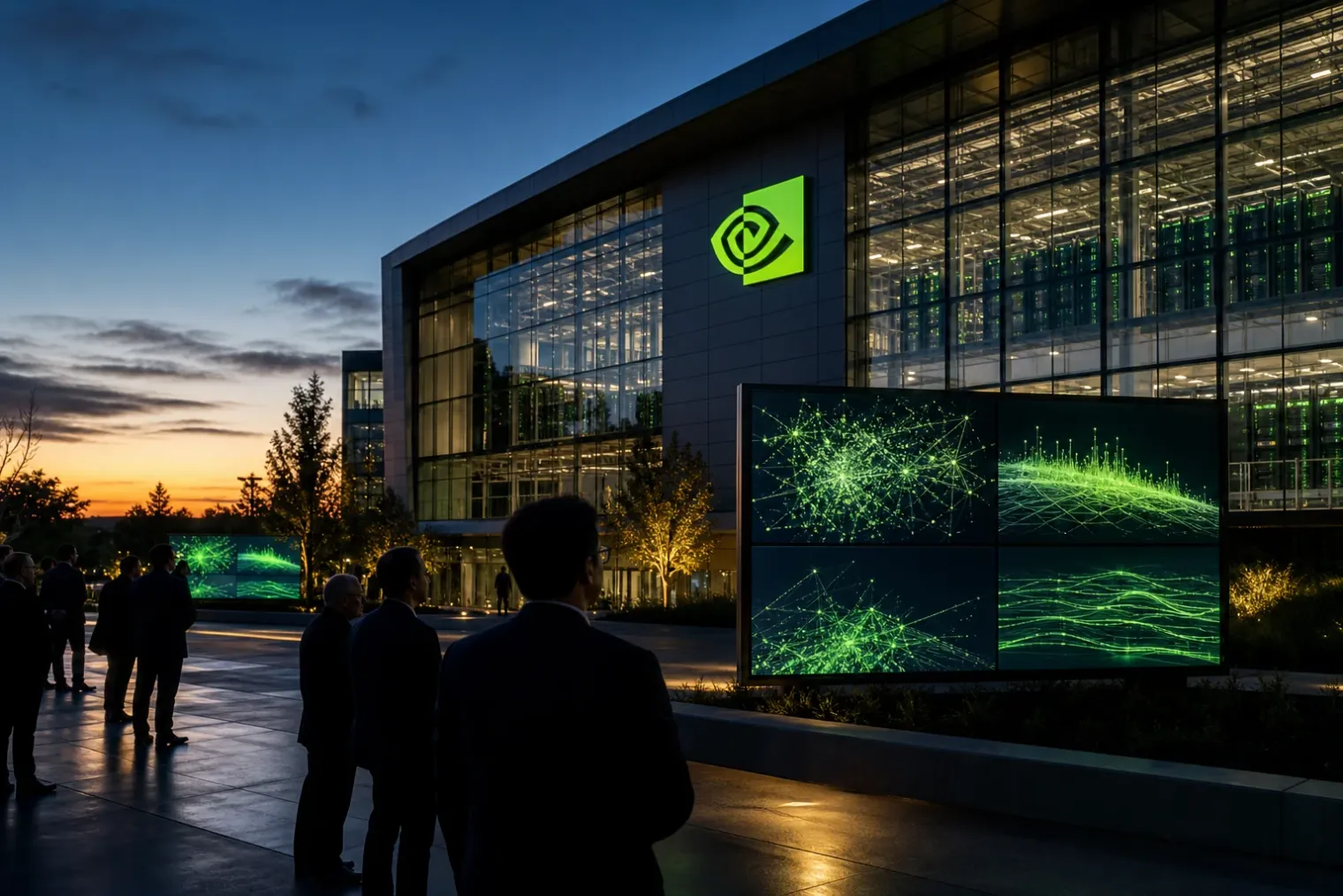 Nvidia headquarters exterior with an NVIDIA logo beside a digital market display showing abstract AI computing graphics.