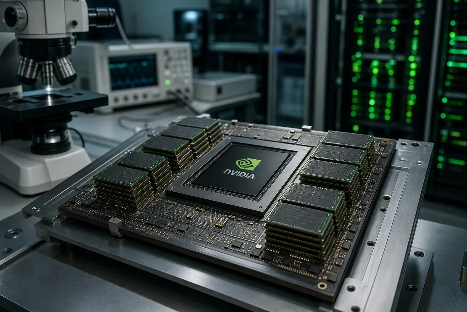 An NVIDIA-branded AI accelerator package on a laboratory workbench, surrounded by high-bandwidth memory stacks and server rack components.