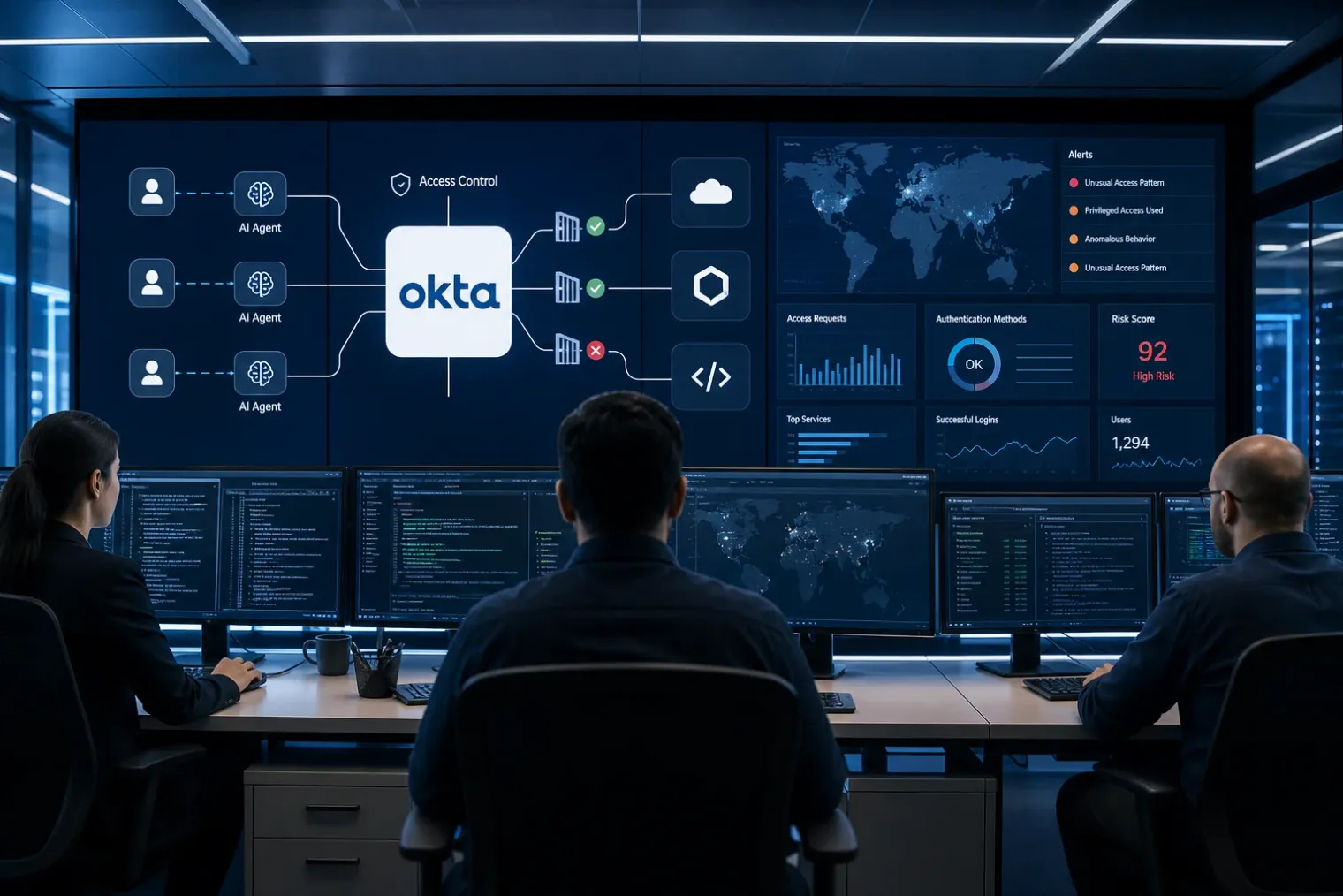 An enterprise security operations room showing AI agent connections on monitors, with the Okta logo on a central access-control display.