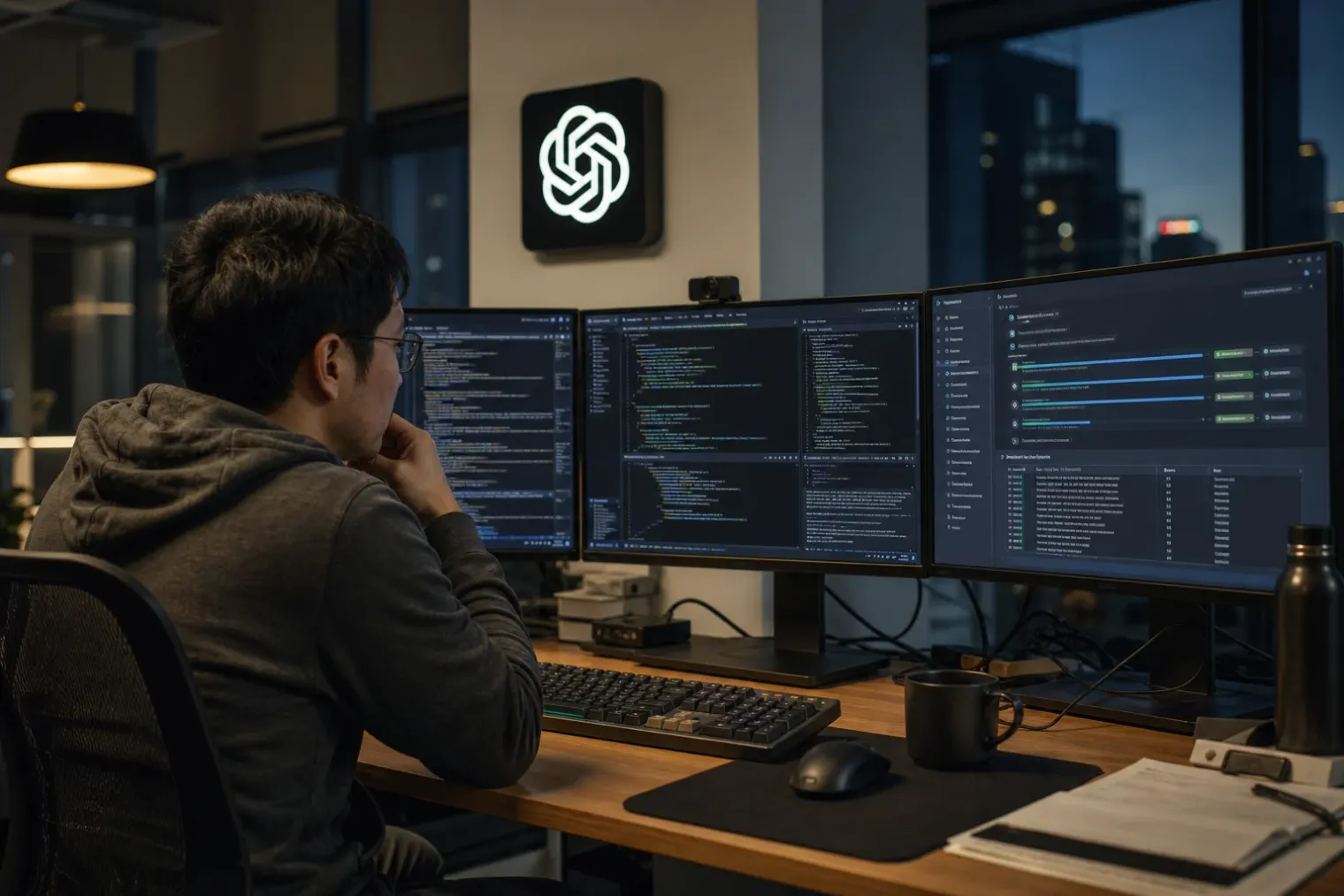 A software developer reviewing an AI agent workflow on several monitors beside a notebook, with the OpenAI logo visible on one screen.