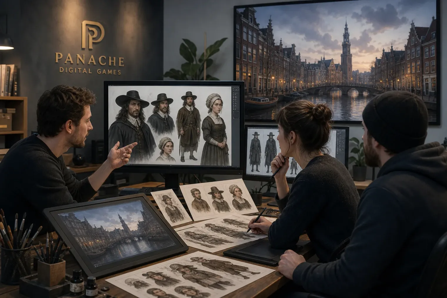 A developer reviews hand-drawn character portraits on monitors in a studio, with an Amsterdam canal reference board and the Panache Digital Games logo visible.
