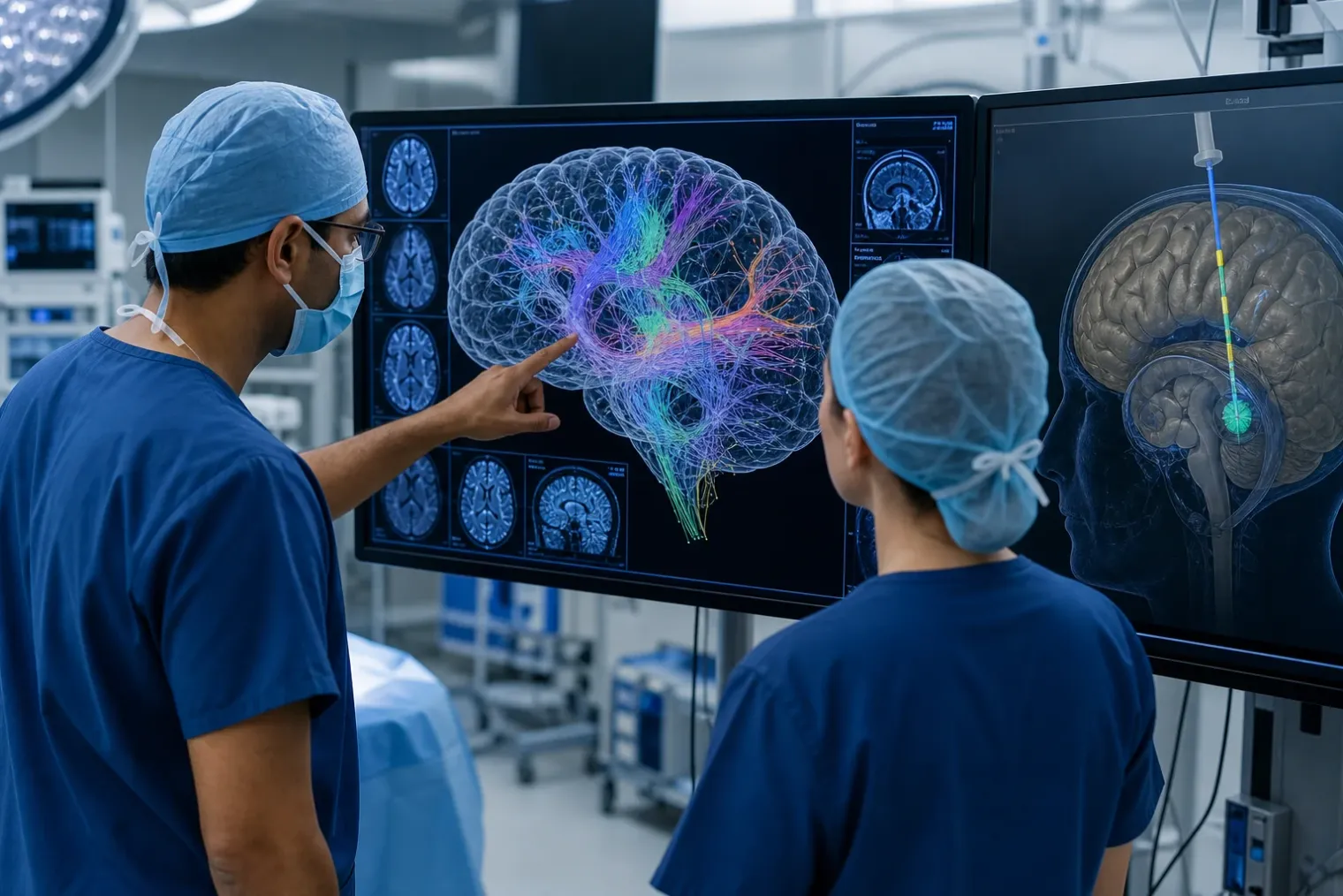 A neurosurgical team reviews a three-dimensional brain network scan beside an implanted electrode planning display.