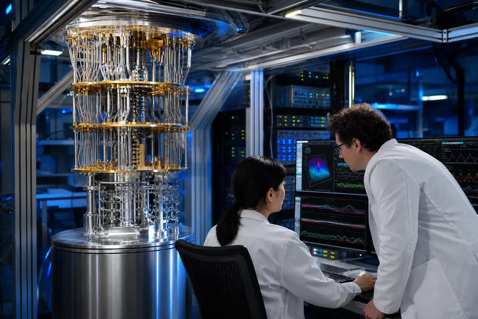 A cryogenic quantum-computing laboratory with a dilution refrigerator, measurement cables and researchers reviewing data on monitors.