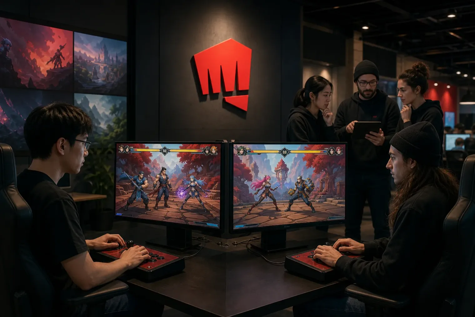 Two players compete in a stylised fighting game match on monitors in a Riot Games studio setting.