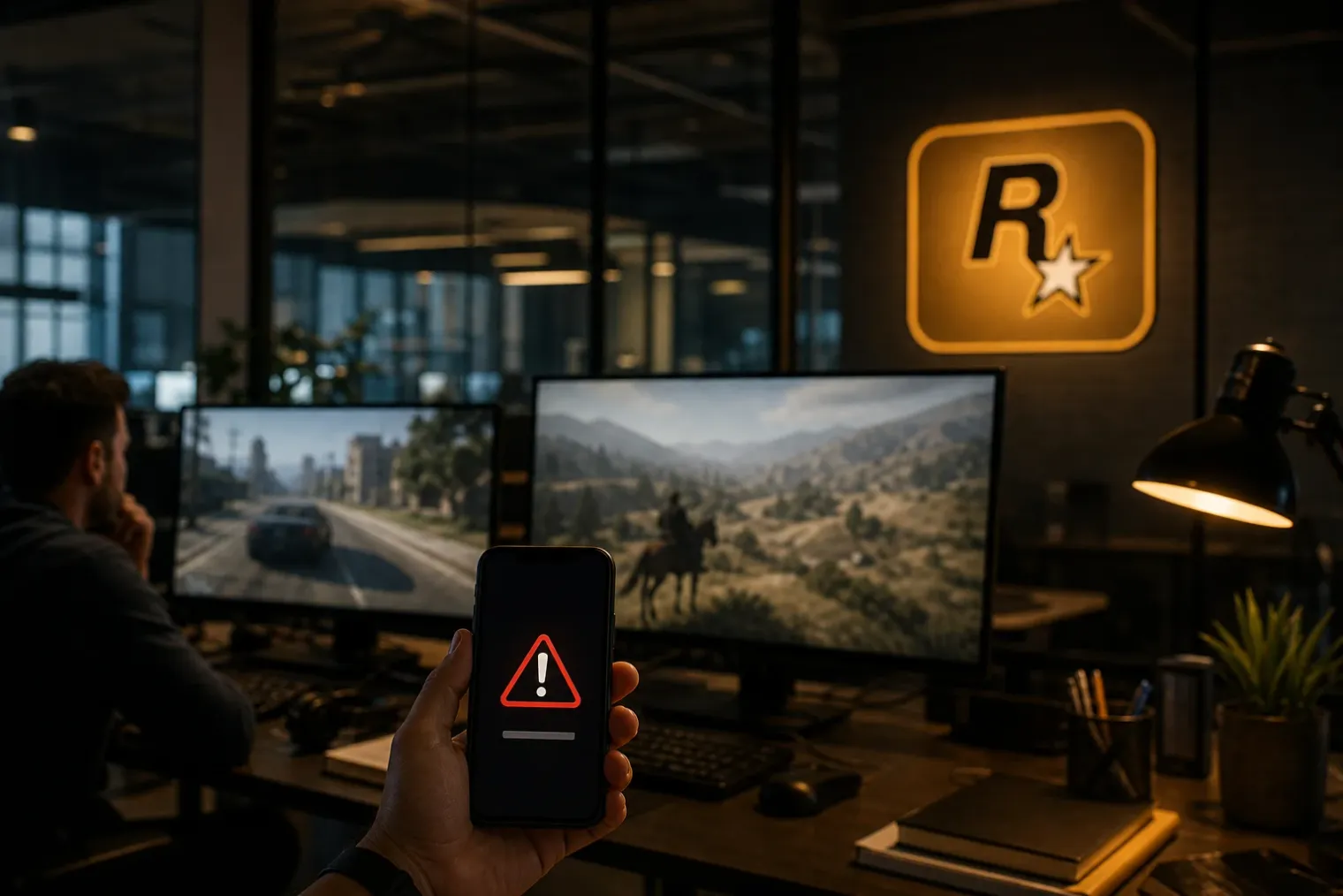 Editorial illustration of a dark games studio workstation showing blurred gameplay monitors beside a Rockstar Games logo and a smartphone displaying a spoiler warning.