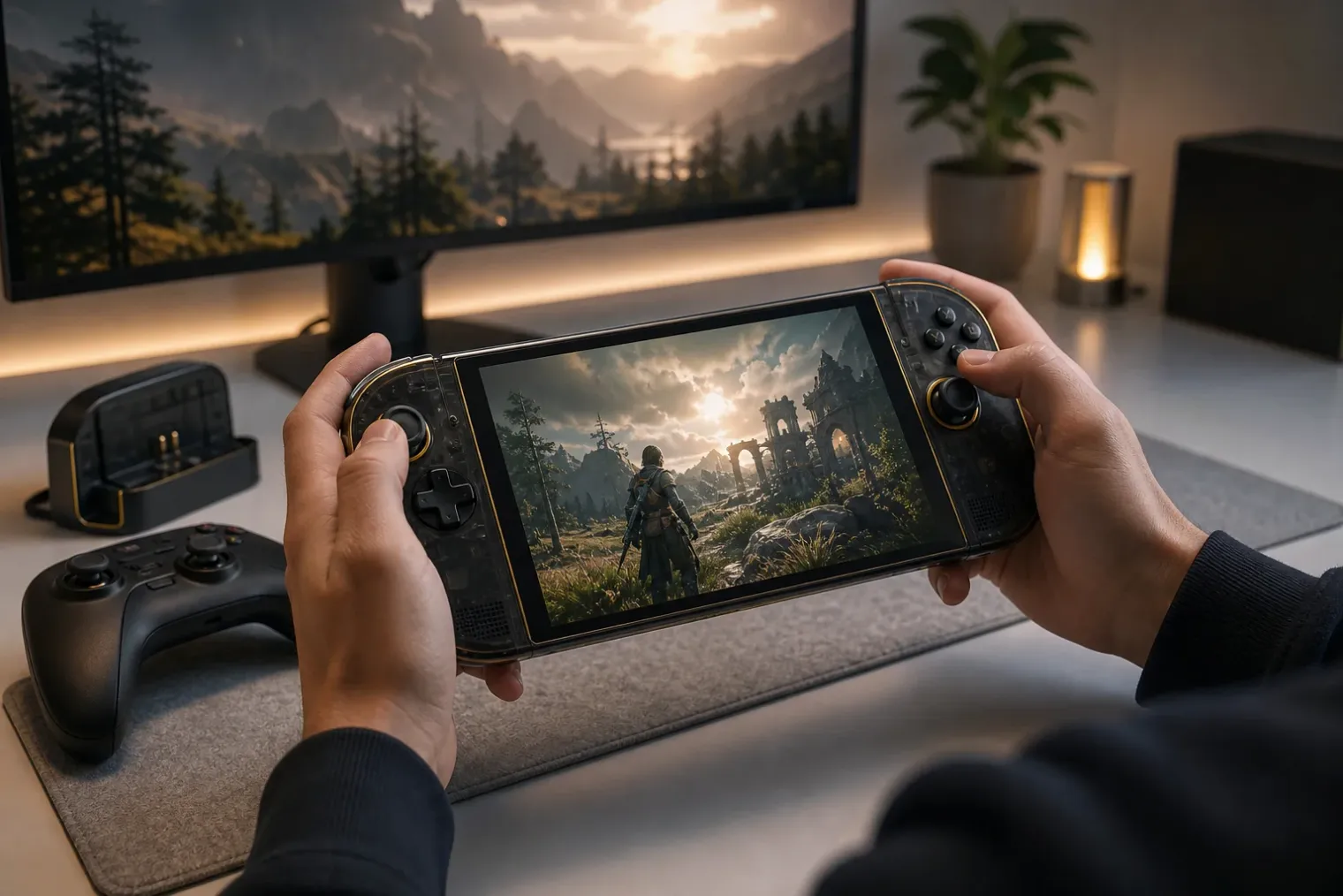 A black and gold handheld gaming PC with a bright OLED game display held above a desk beside a controller and charging dock.