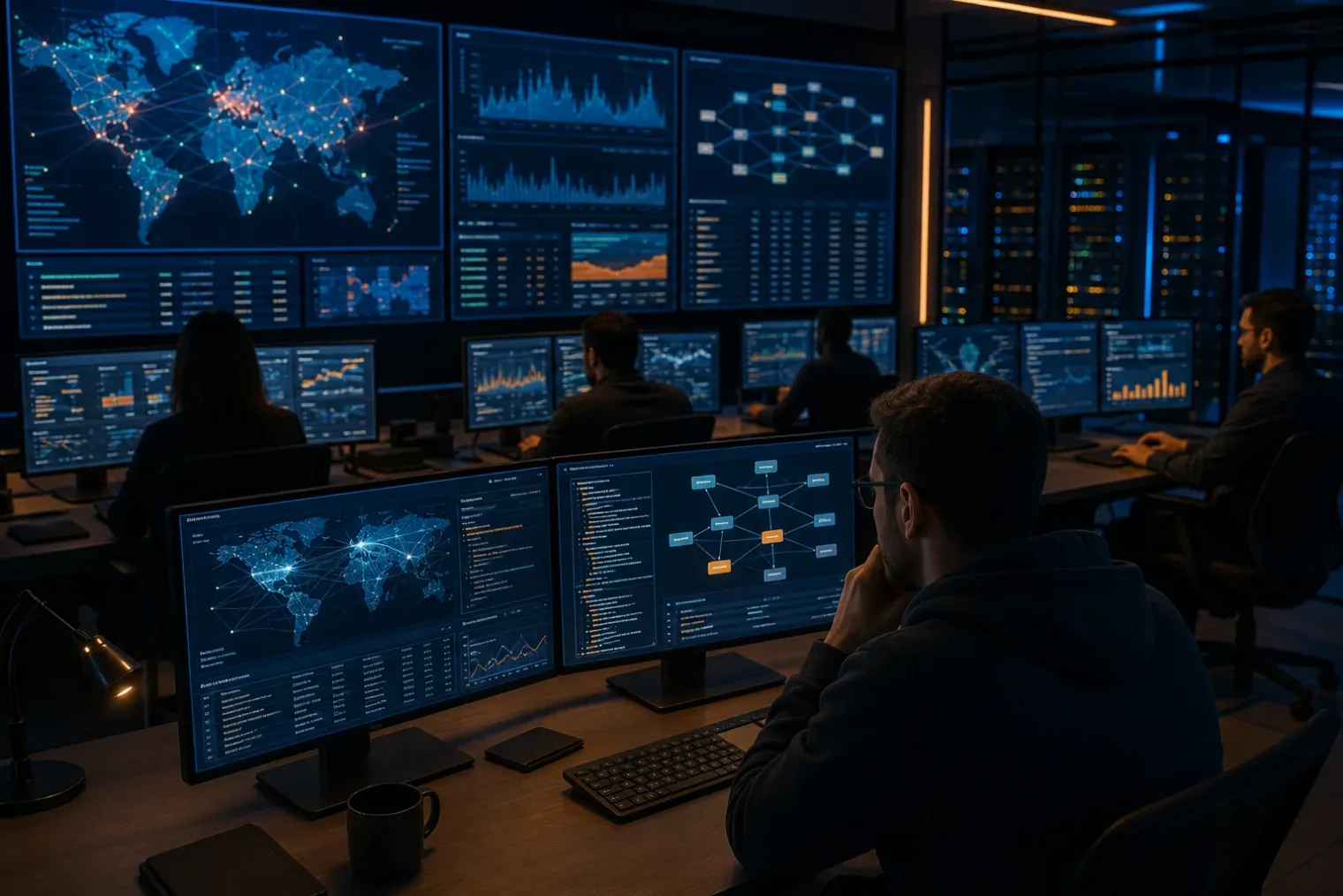 A cybersecurity operations centre displays network activity as an AI agent interface and server infrastructure appear on separate monitors.