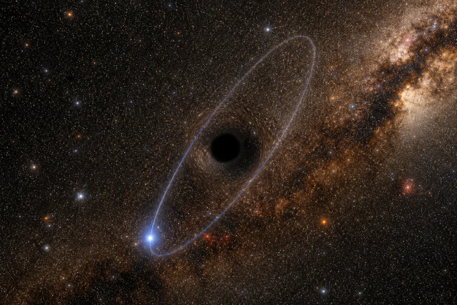 Editorial illustration of the faint star S301 on a narrow orbit around Sagittarius A* at the centre of the Milky Way.