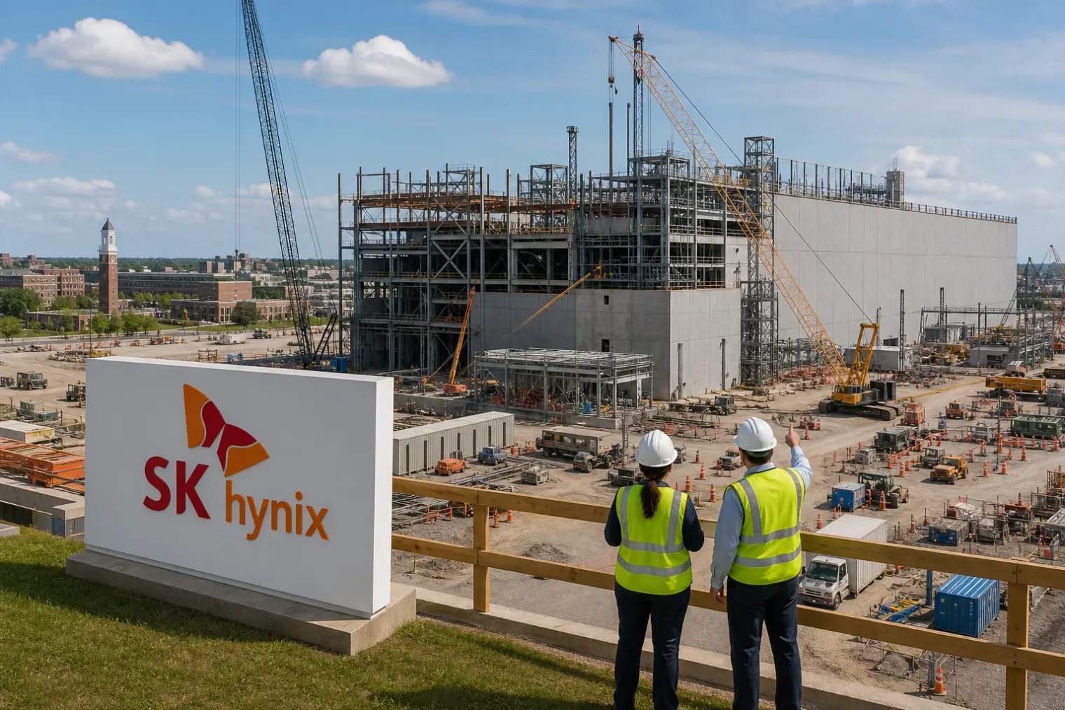 Editorial illustration of an SK hynix advanced semiconductor packaging facility under construction near Purdue University in Indiana.