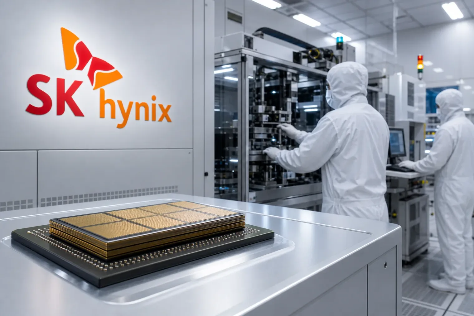 An SK hynix advanced-memory package on a semiconductor manufacturing floor with engineers inspecting equipment.