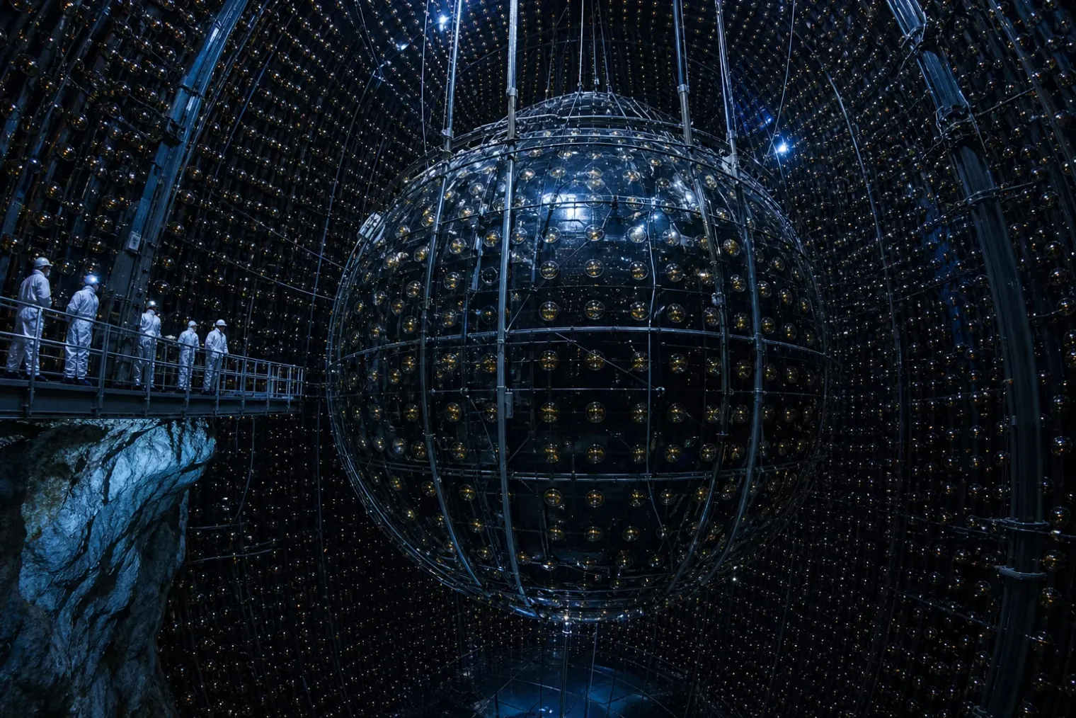 An underground neutrino observatory with a spherical detector surrounded by photomultiplier tubes.