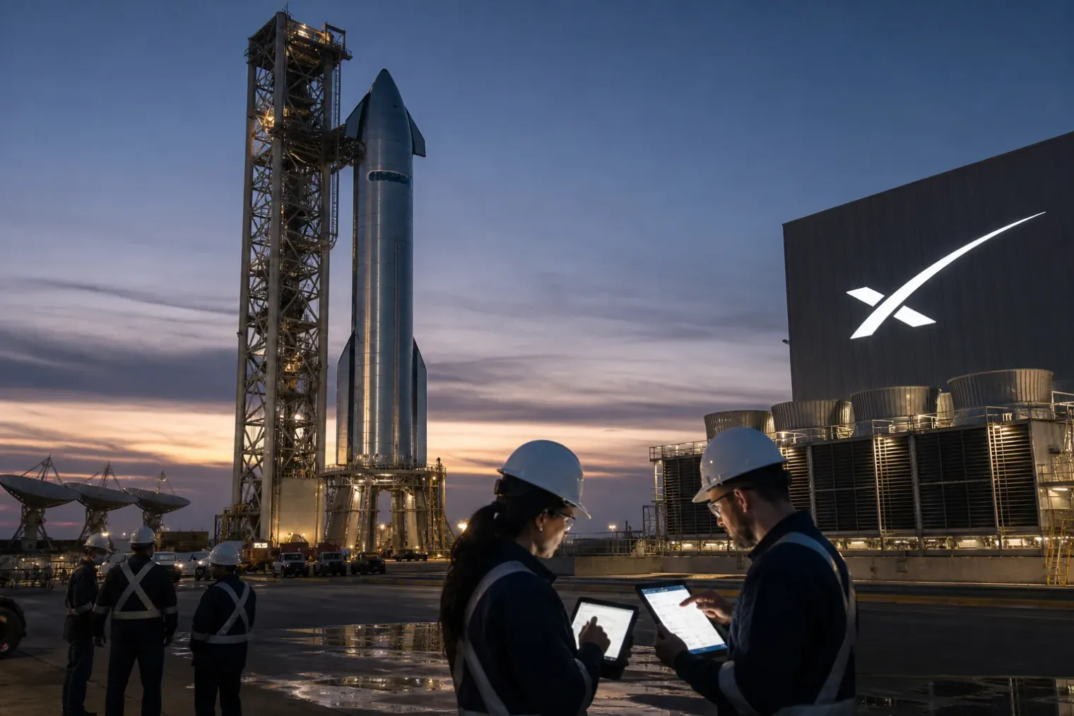 A SpaceX Starship-style rocket stands at a launch facility at dusk as engineers monitor operations nearby.