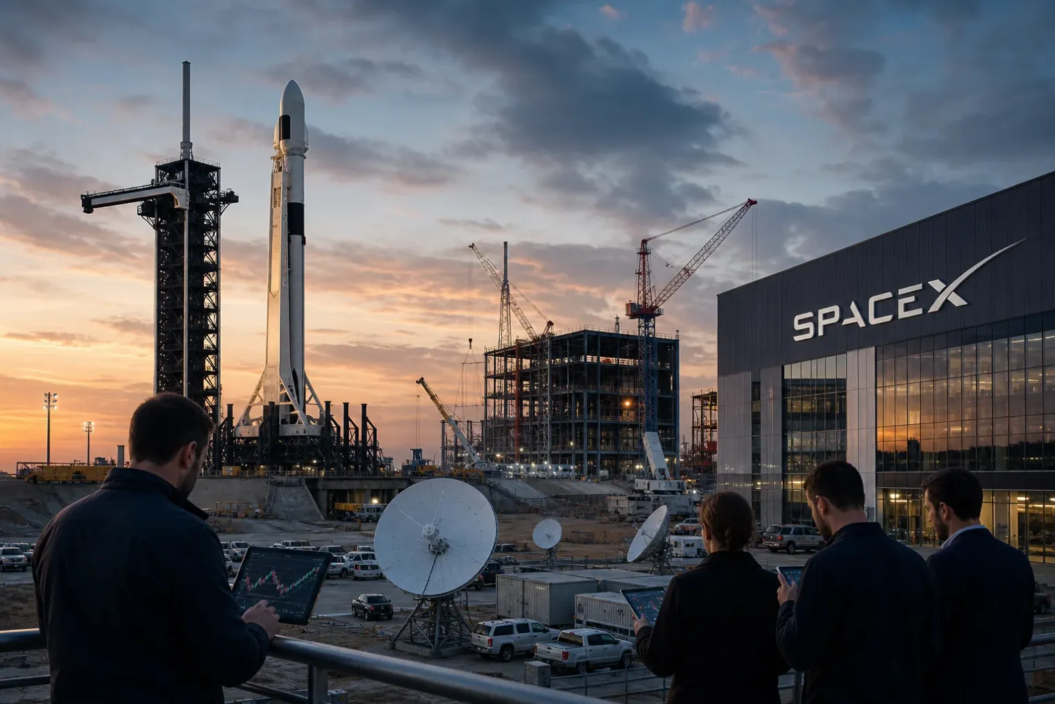 A SpaceX launch facility at dusk with a rocket, satellite dishes, data-centre construction and the official SpaceX logo on a building.