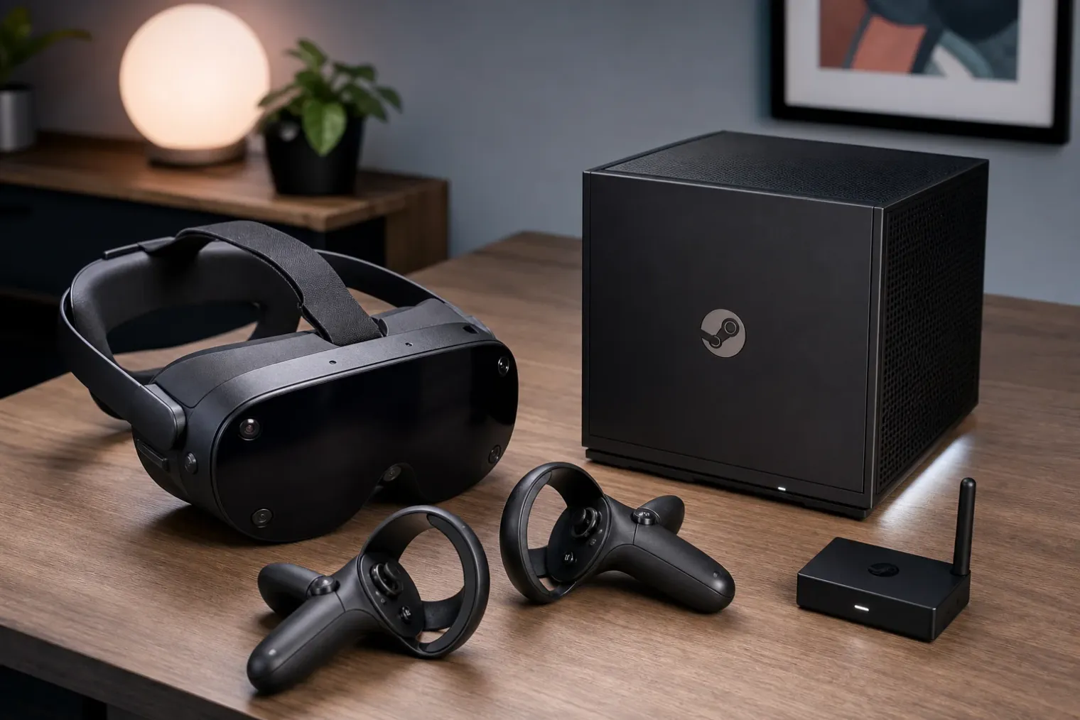 A Valve Steam Frame virtual reality headset displayed beside wireless controllers and a gaming PC in a modern studio.