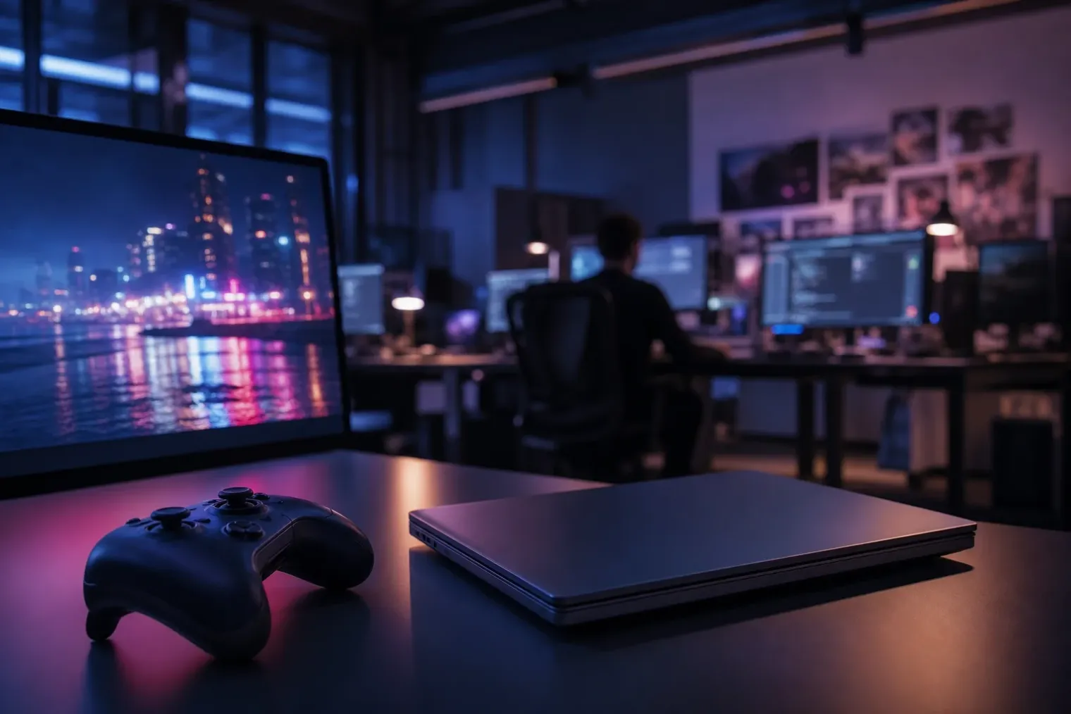 A game controller beside a closed laptop displaying abstract neon city lights, with blurred developer workstations in the background.