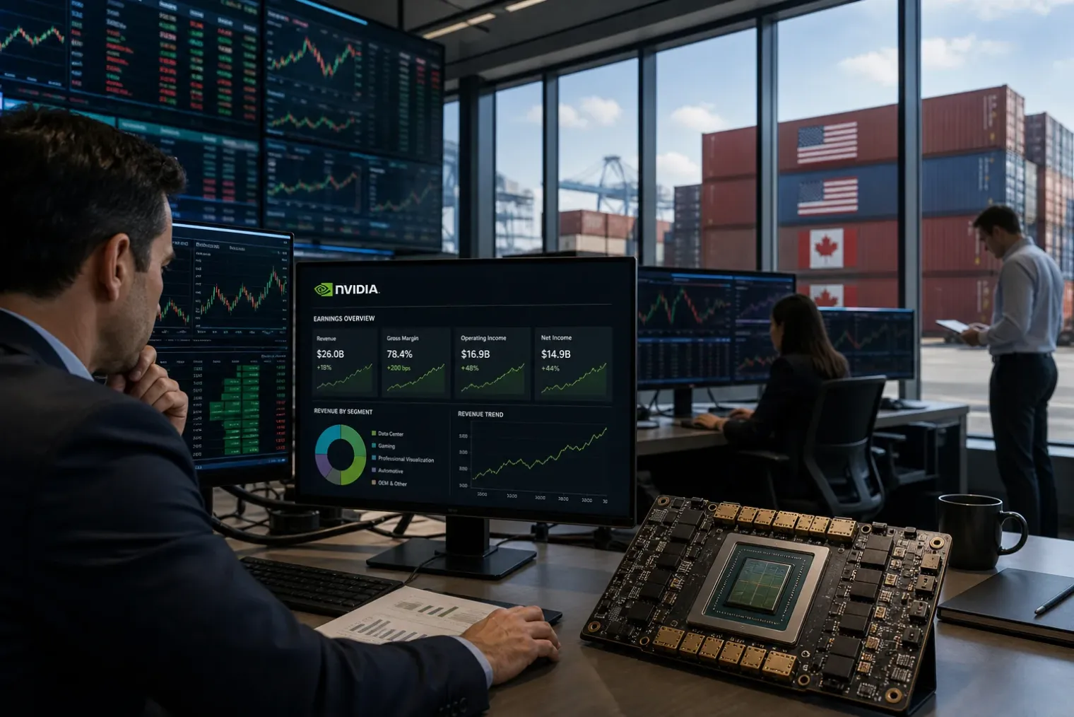 Traders monitor market screens as a semiconductor chip and U.S.-Canada cargo containers appear in an editorial financial scene.