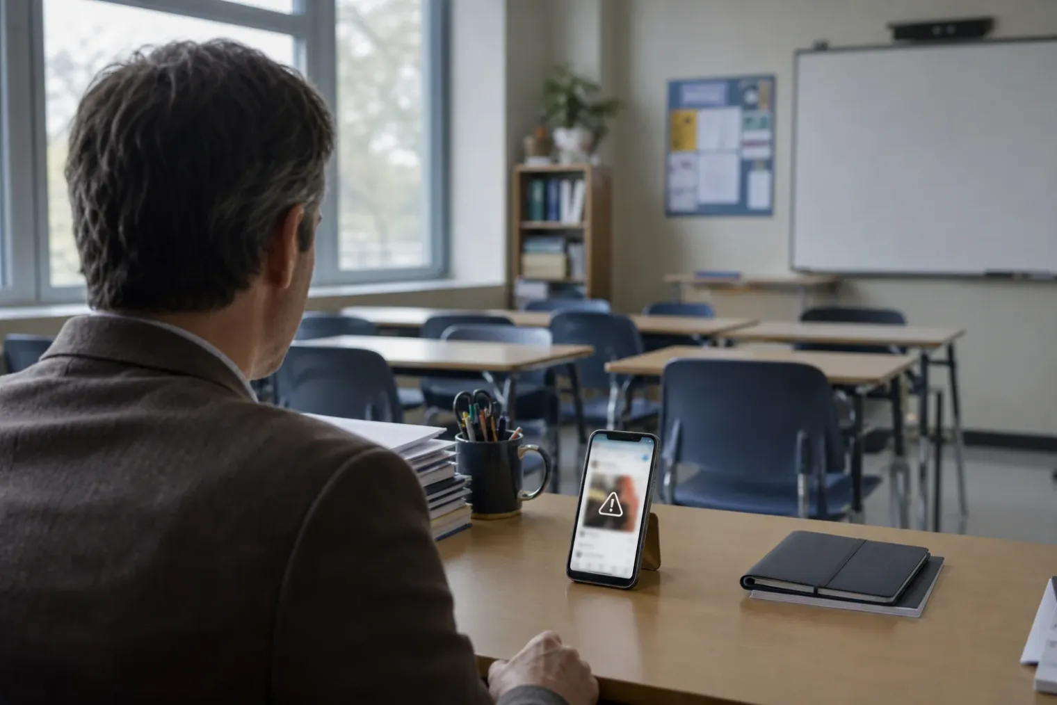 A teacher sitting at a desk in an empty classroom while a blurred smartphone screen shows a generic manipulated-profile warning.