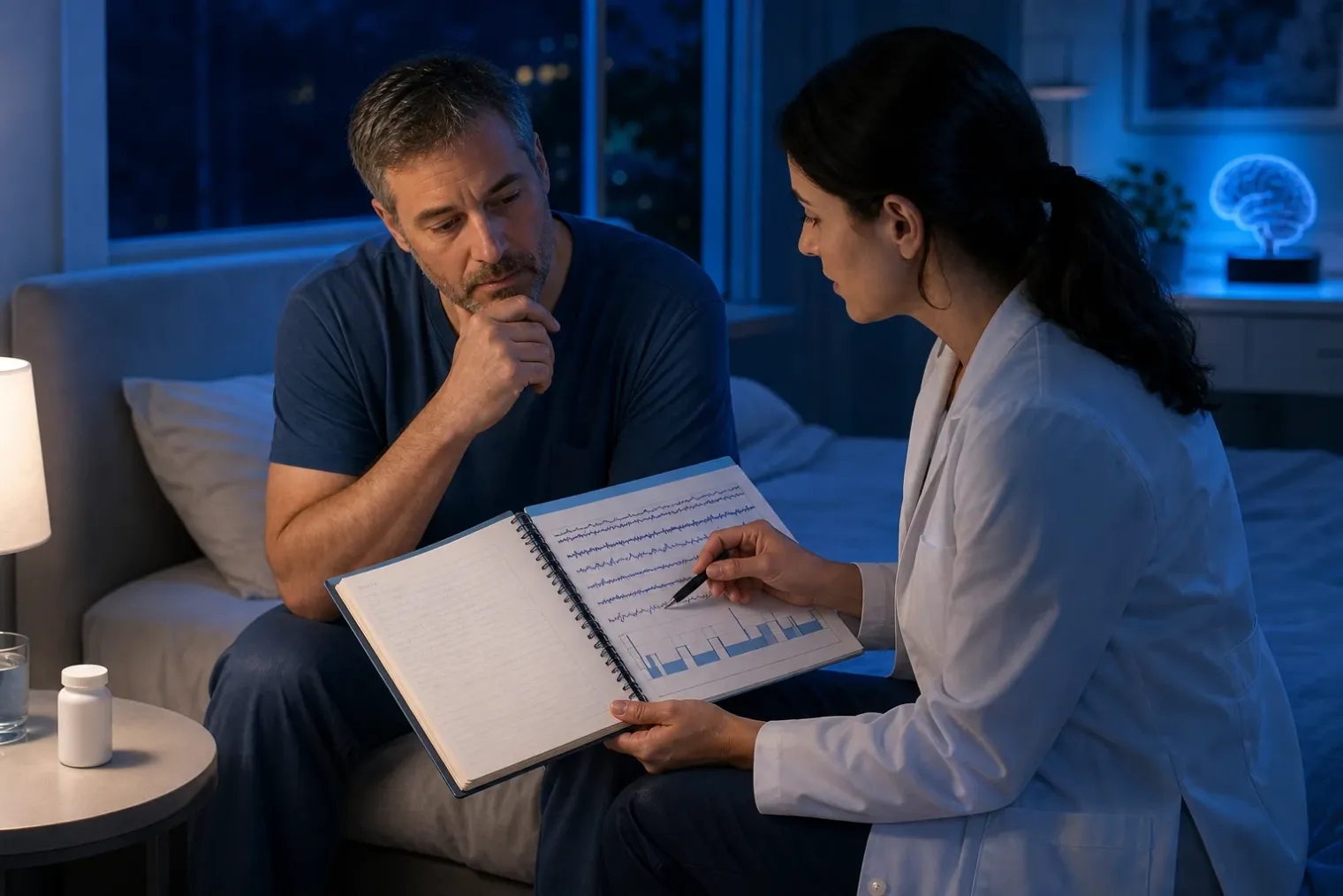 A clinician in a sleep clinic reviewing a patient’s sleep diary beside a bedside medicine bottle and a softly lit bedroom window.