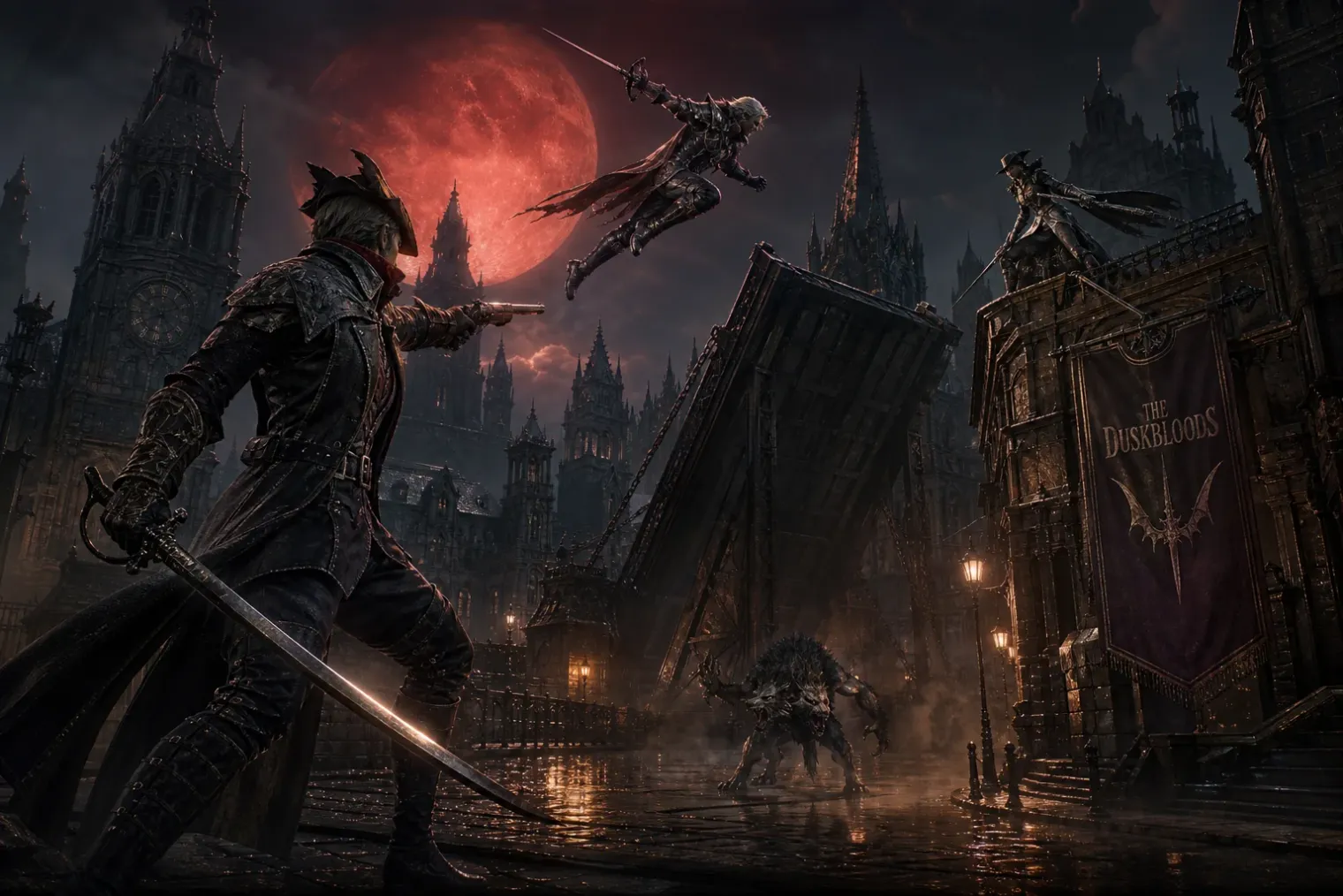 A Gothic multiplayer battle in a moonlit city, with armed fantasy fighters on rooftops and a wolf-like transformed character below.