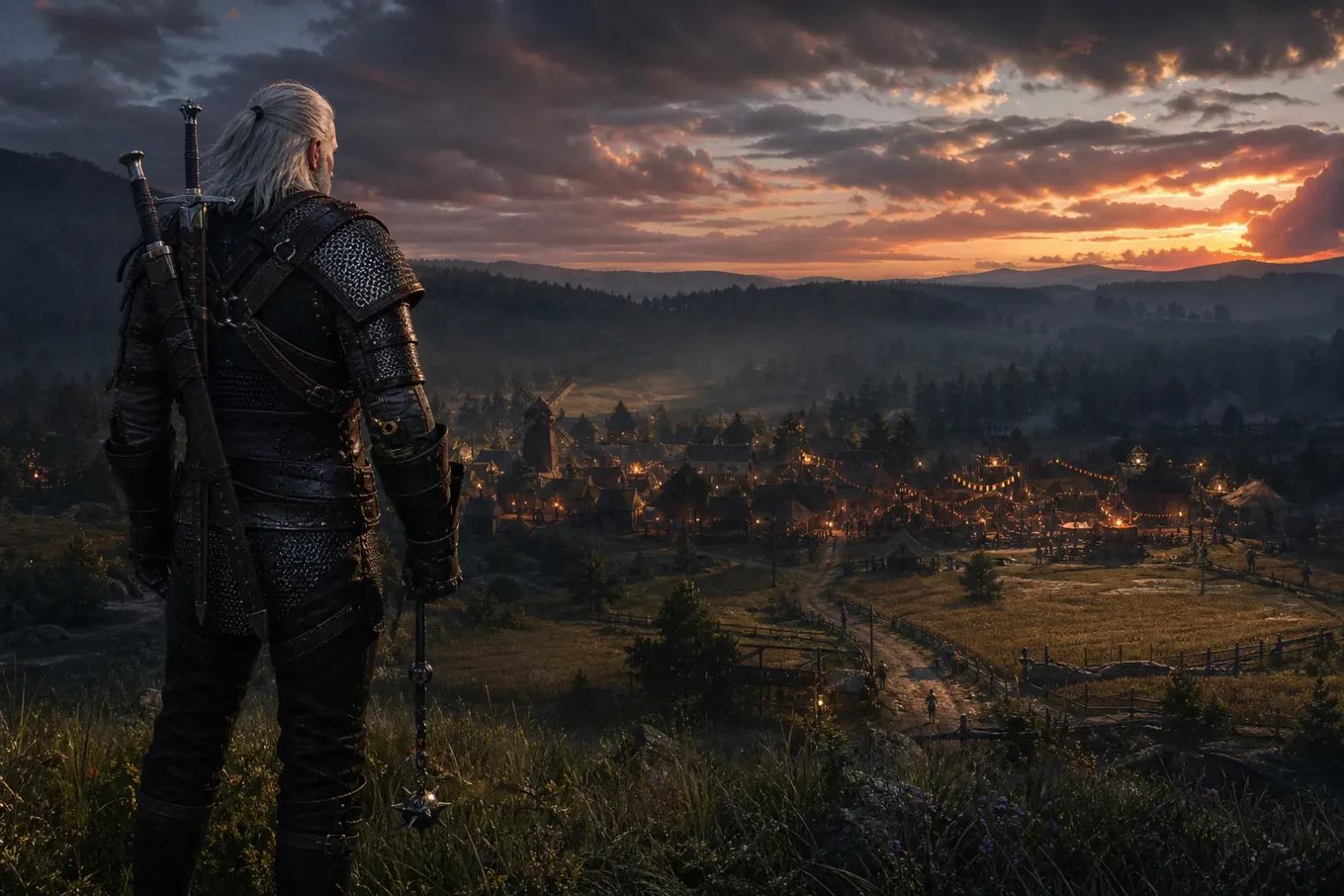 Geralt of Rivia stands on a grassy hill above a rural village at dusk, with festival lights in the distance and a chain weapon at his side.