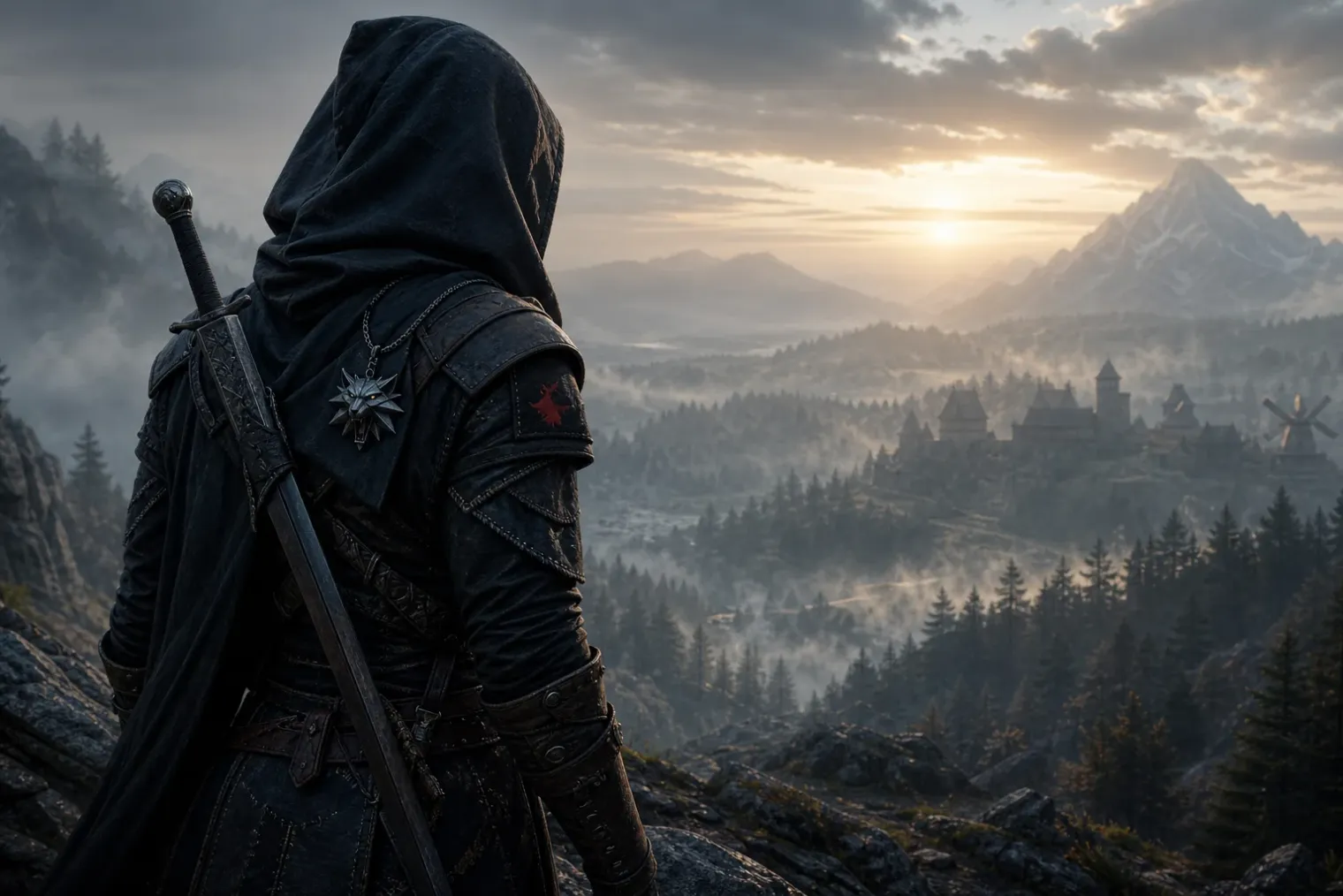 A hooded fantasy monster hunter overlooking a misty medieval valley at dawn, with a wolf medallion and sword visible.
