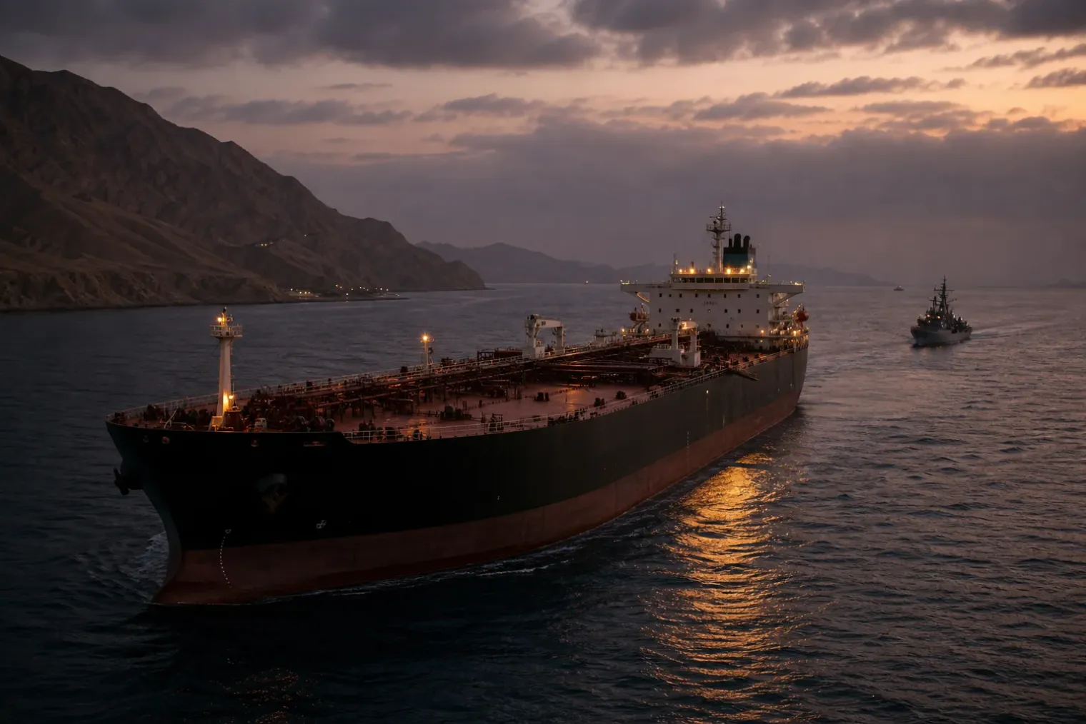 Oil tanker moving through the Strait of Hormuz near a naval patrol vessel at dusk.