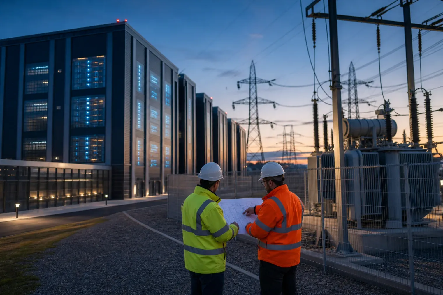 High-voltage electricity substation beside a modern data-centre campus in Britain, with engineers reviewing connection plans.