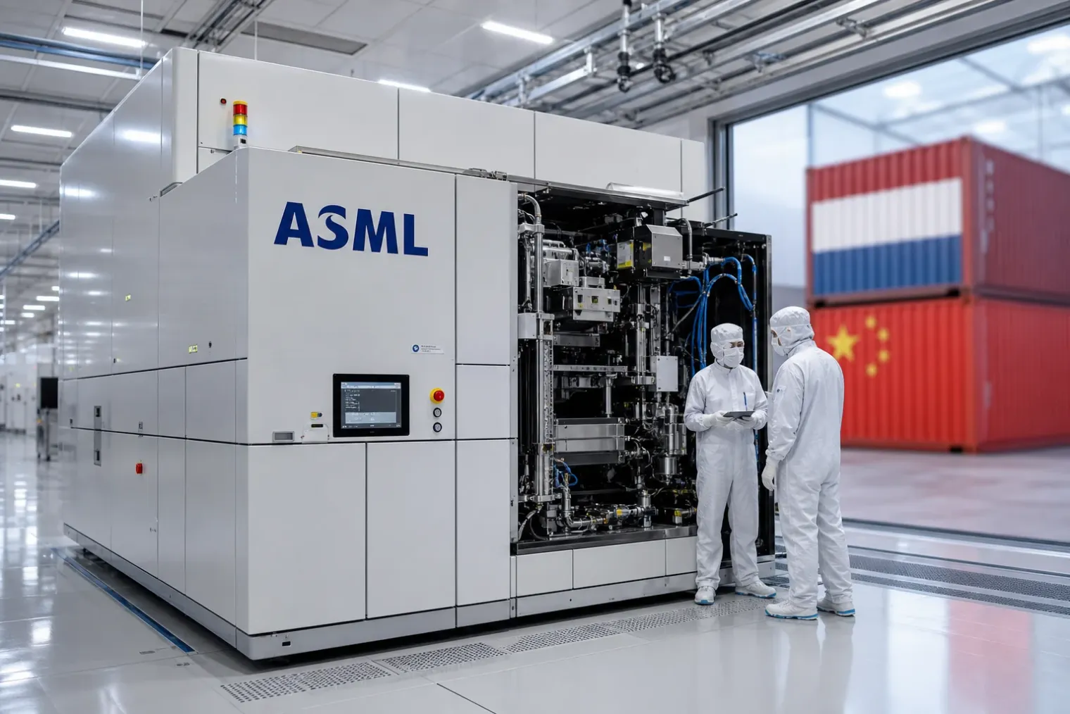 An ASML deep-ultraviolet lithography system in a clean semiconductor fabrication environment, with the ASML logo visible on the equipment.