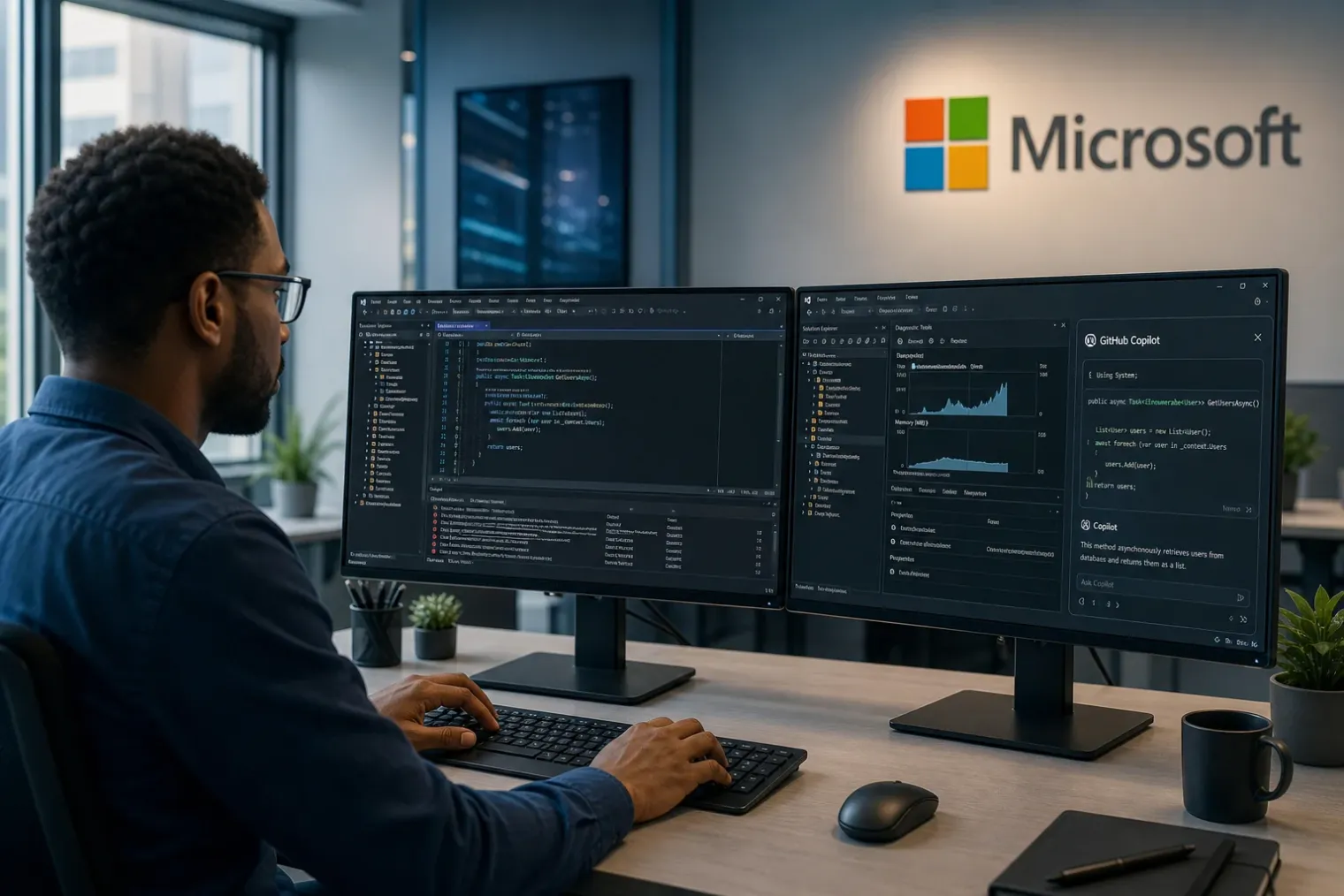 A software developer using Microsoft Visual Studio on a Windows workstation, with code, debugging panels and an AI assistant interface visible.