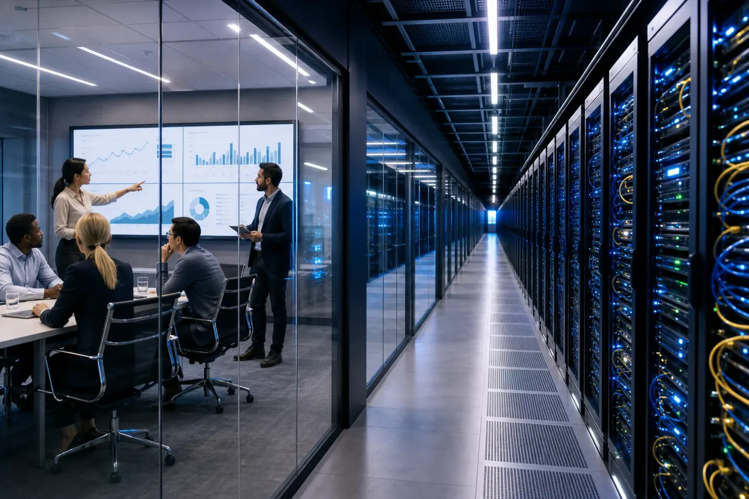 A modern data centre corridor with server racks, fibre cables and analysts reviewing financial charts on screens in the foreground.