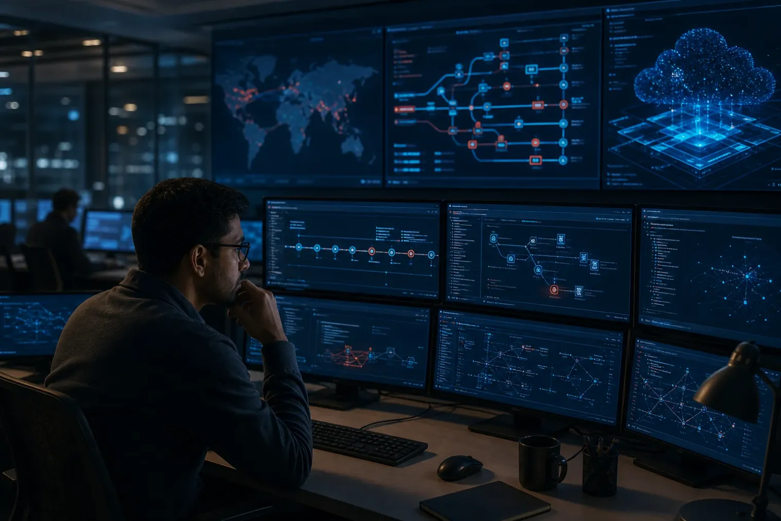 A security analyst reviews a multi-stage cyber incident timeline on monitors in a dimly lit operations centre.