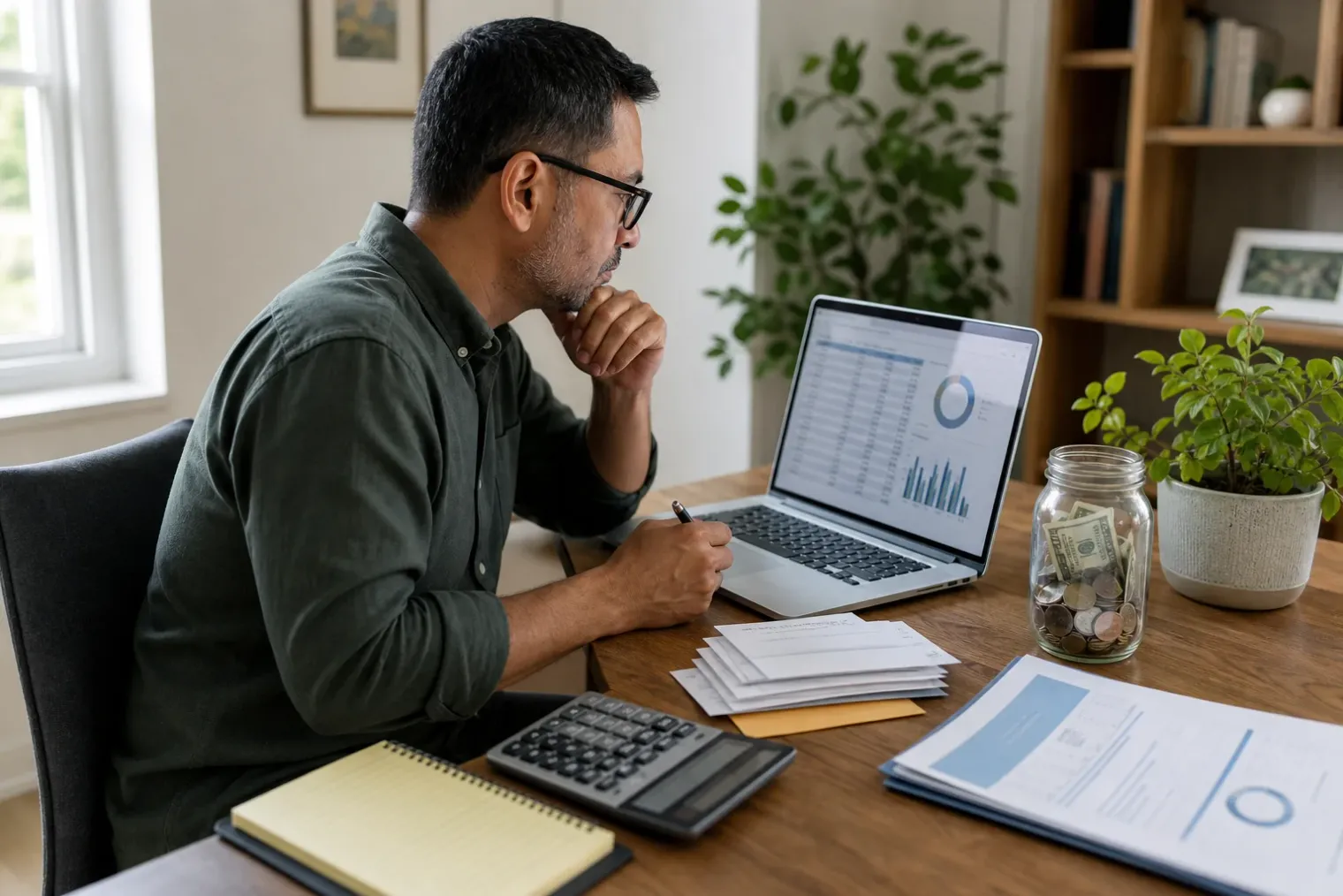 A household budget planner, savings jar, calculator and retirement documents arranged on a desk beside a laptop.