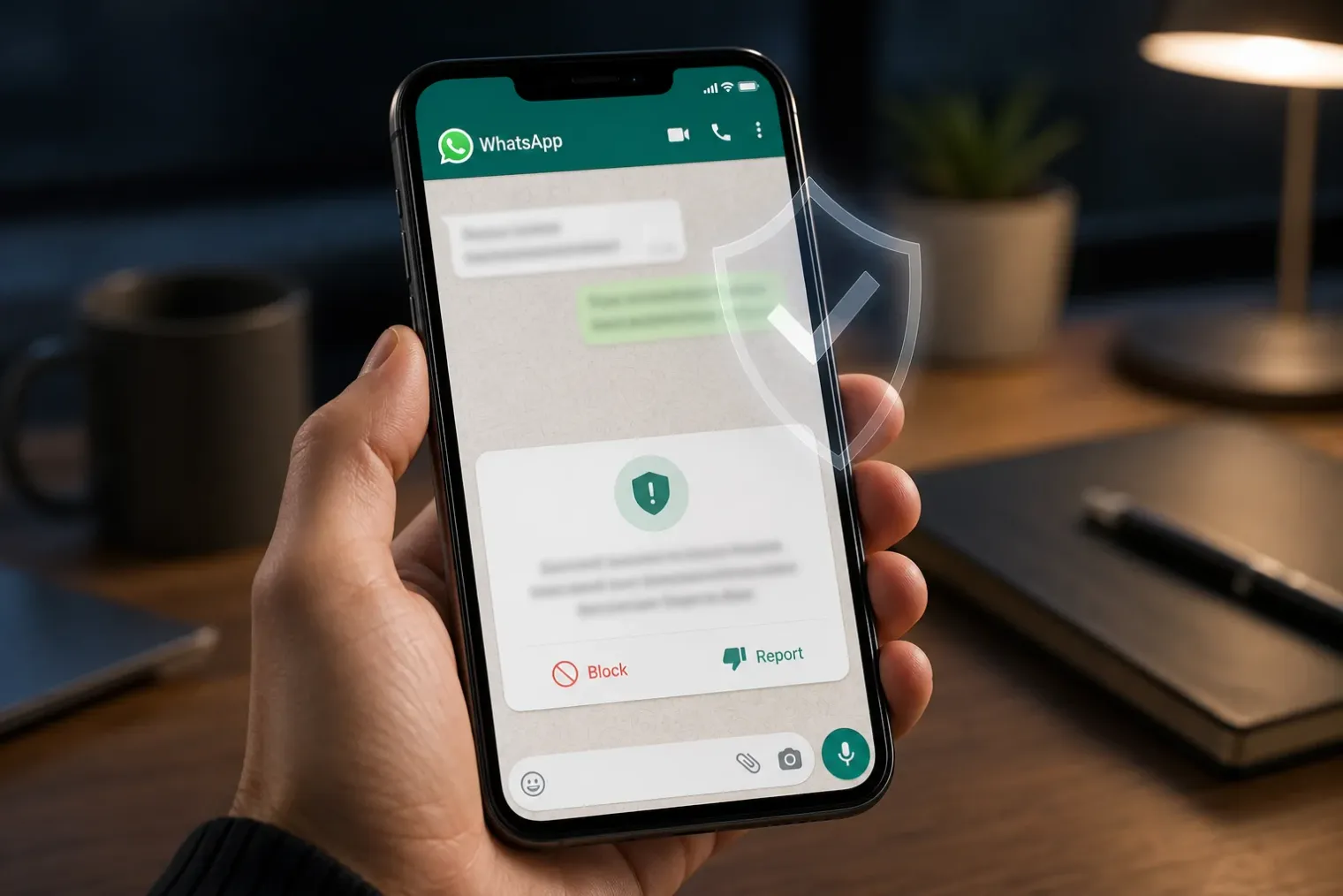 A smartphone showing a WhatsApp chat warning beside a security shield, with the WhatsApp logo visible on the screen.