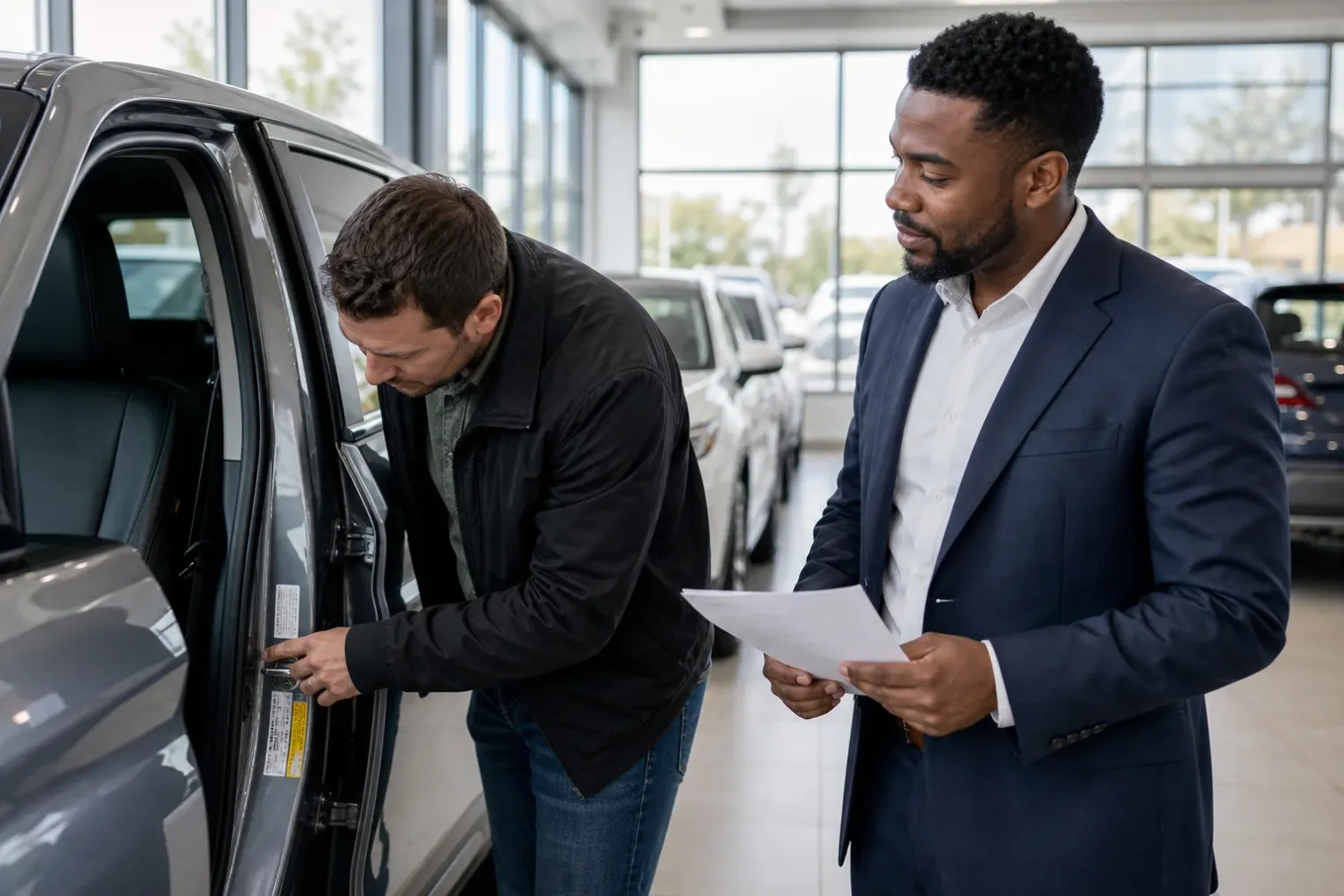 A buyer reviewing a vehicle identification number label on a new car at a dealership while a sales representative holds financing documents.