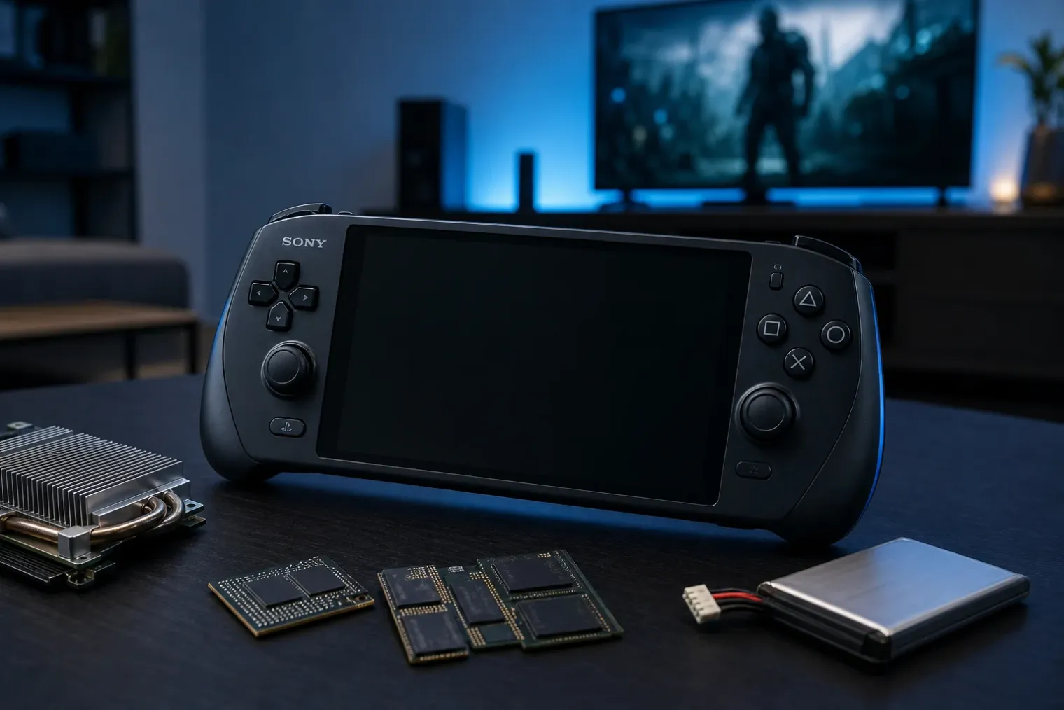 Conceptual Sony PlayStation handheld on a desk beside memory chips and a compact cooling assembly.