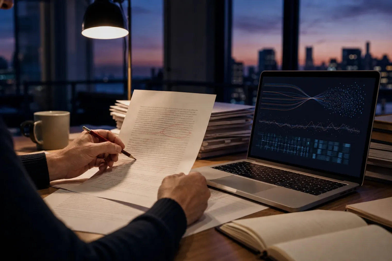 A close view of an editor revising a printed document beside a laptop displaying abstract AI-generated text patterns.